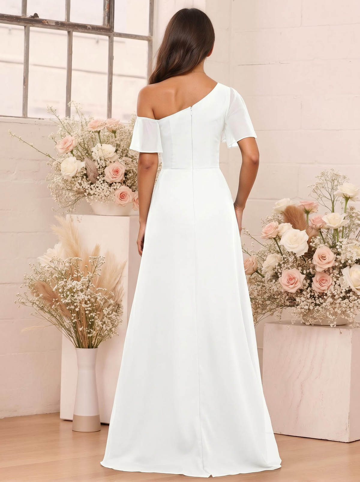 A-Line One-Shoulder Short Sleeves Floor-Length Chiffon Bridesmaid Dresses, product image 71