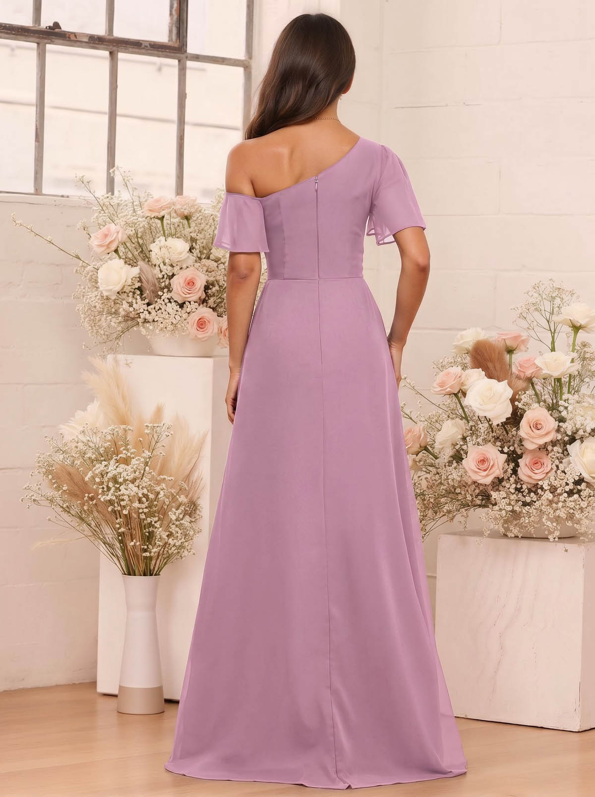 A-Line One-Shoulder Short Sleeves Floor-Length Chiffon Bridesmaid Dresses, product image 40