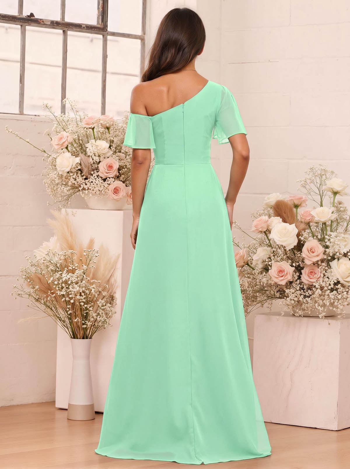 A-Line One-Shoulder Short Sleeves Floor-Length Chiffon Bridesmaid Dresses, product image 58