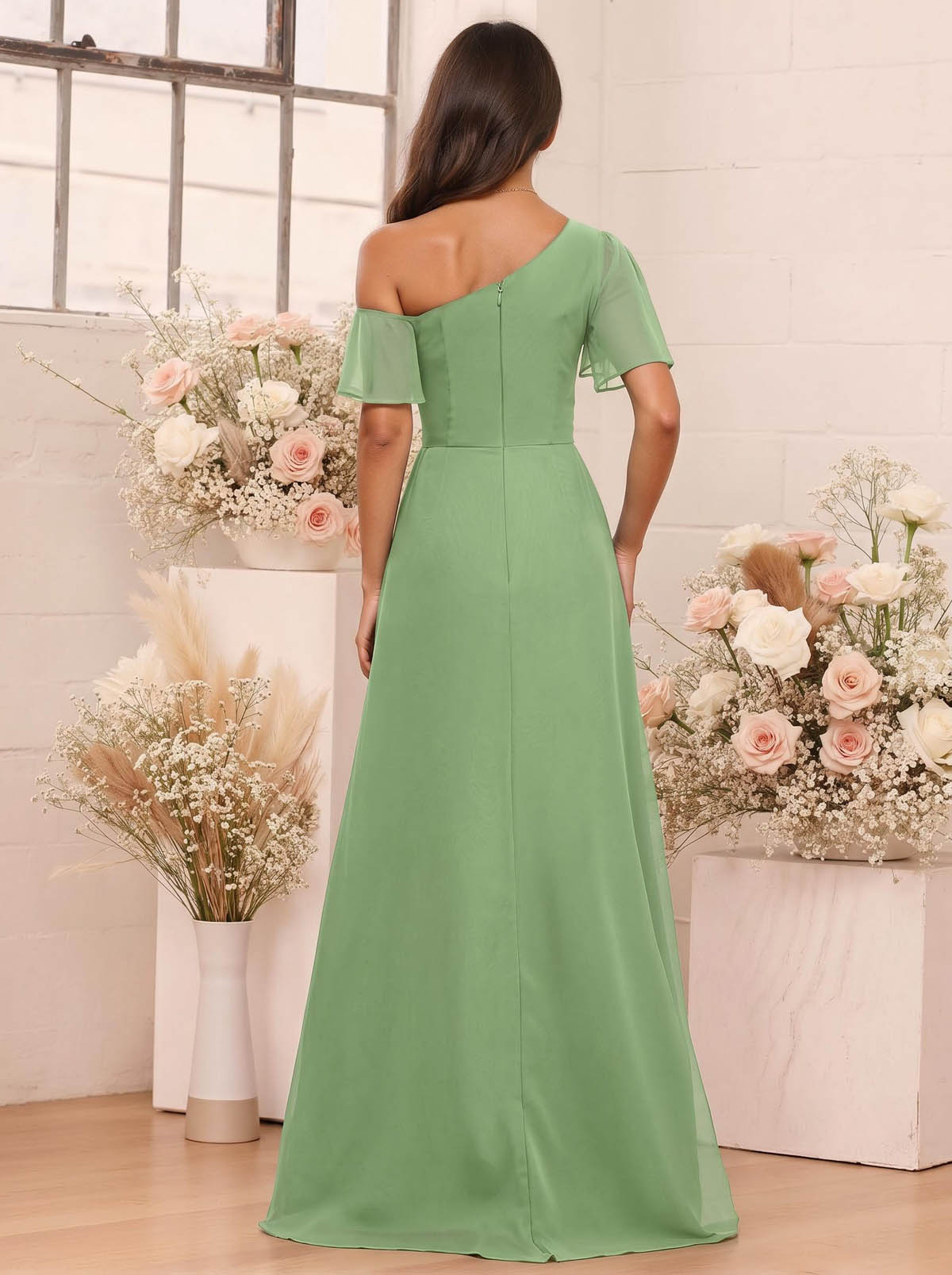 A-Line One-Shoulder Short Sleeves Floor-Length Chiffon Bridesmaid Dresses, product image 87