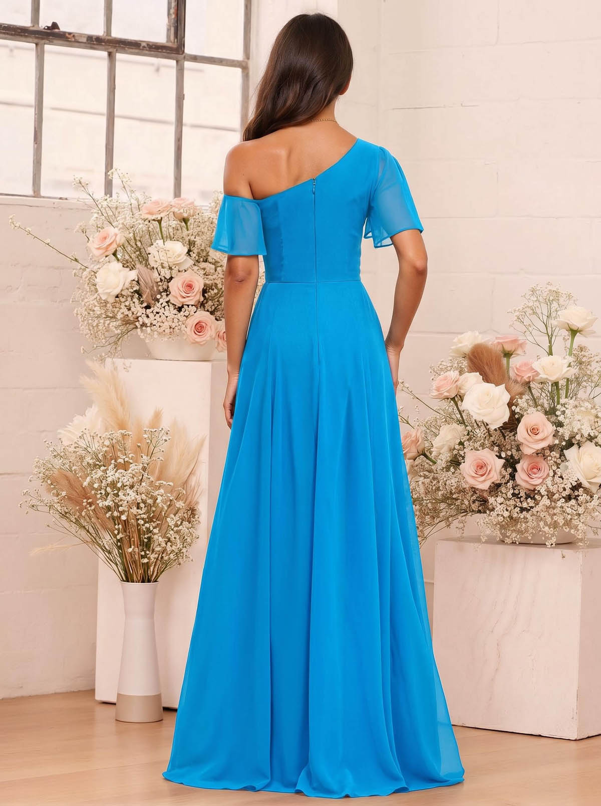A-Line One-Shoulder Short Sleeves Floor-Length Chiffon Bridesmaid Dresses, product image 14