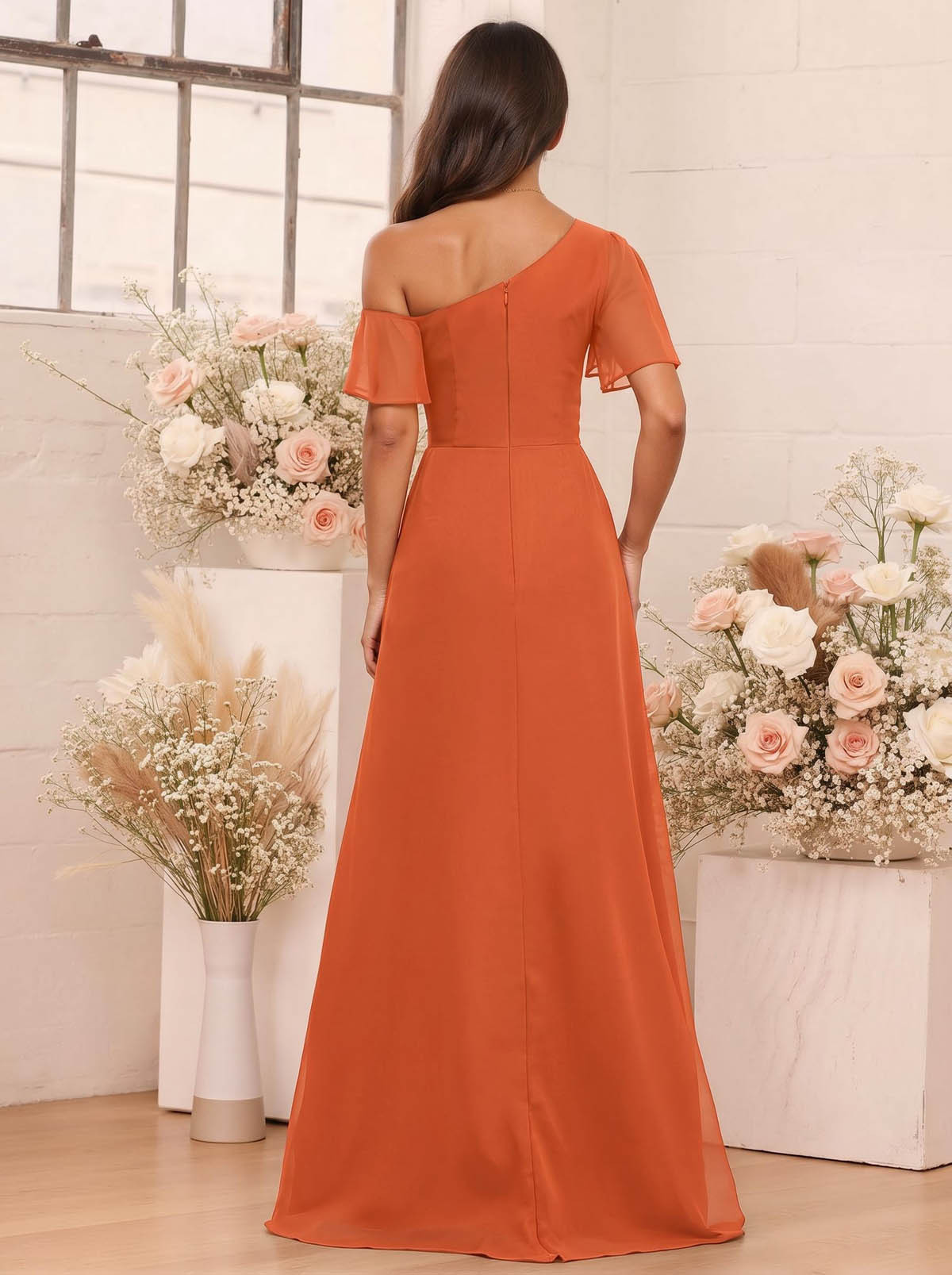 A-Line One-Shoulder Short Sleeves Floor-Length Chiffon Bridesmaid Dresses, product image 65
