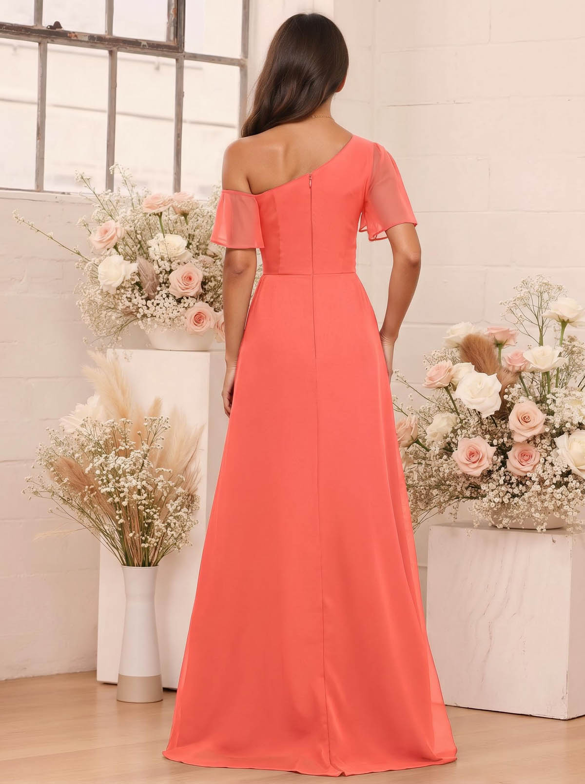 A-Line One-Shoulder Short Sleeves Floor-Length Chiffon Bridesmaid Dresses, product image 67
