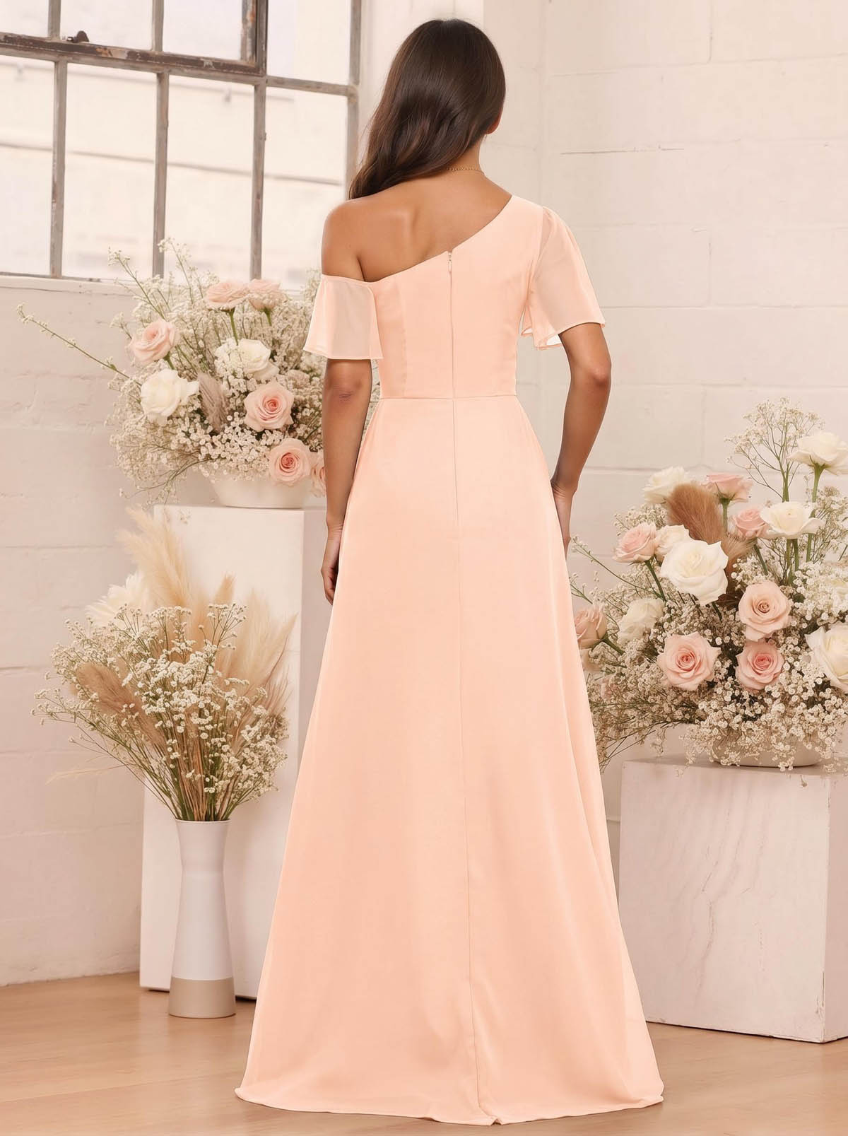 A-Line One-Shoulder Short Sleeves Floor-Length Chiffon Bridesmaid Dresses, product image 29