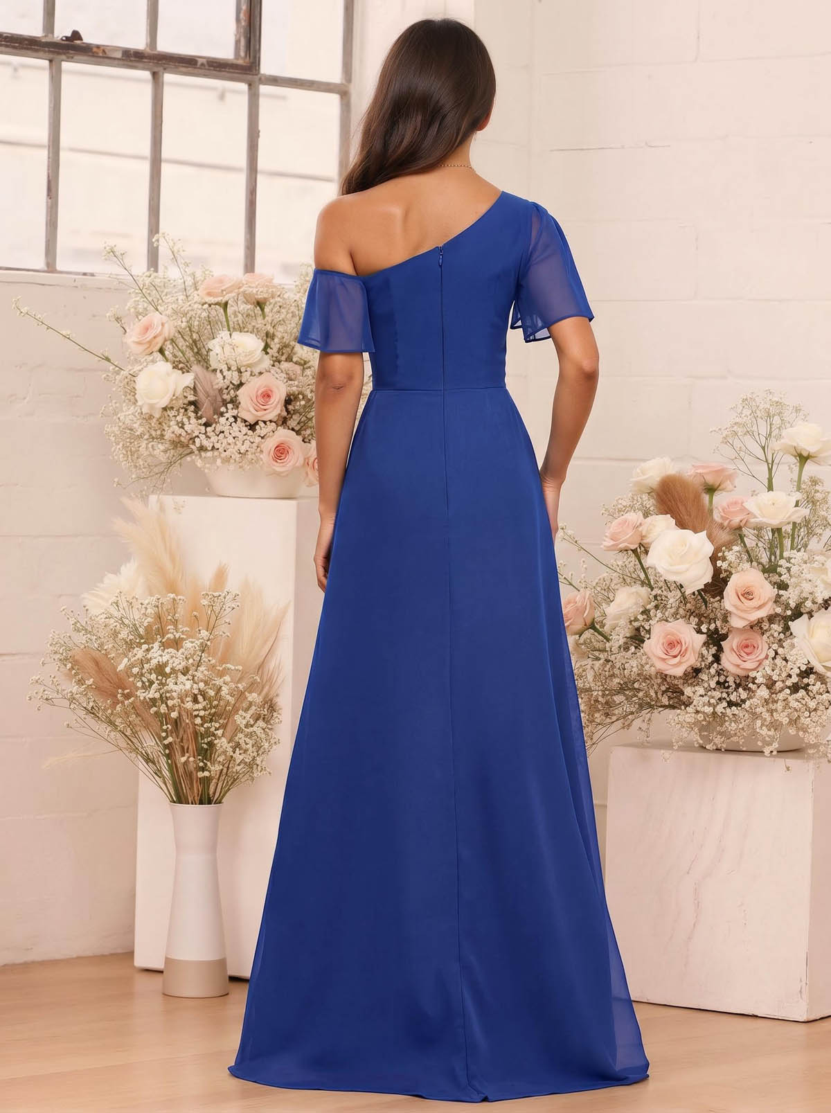A-Line One-Shoulder Short Sleeves Floor-Length Chiffon Bridesmaid Dresses, product image 12