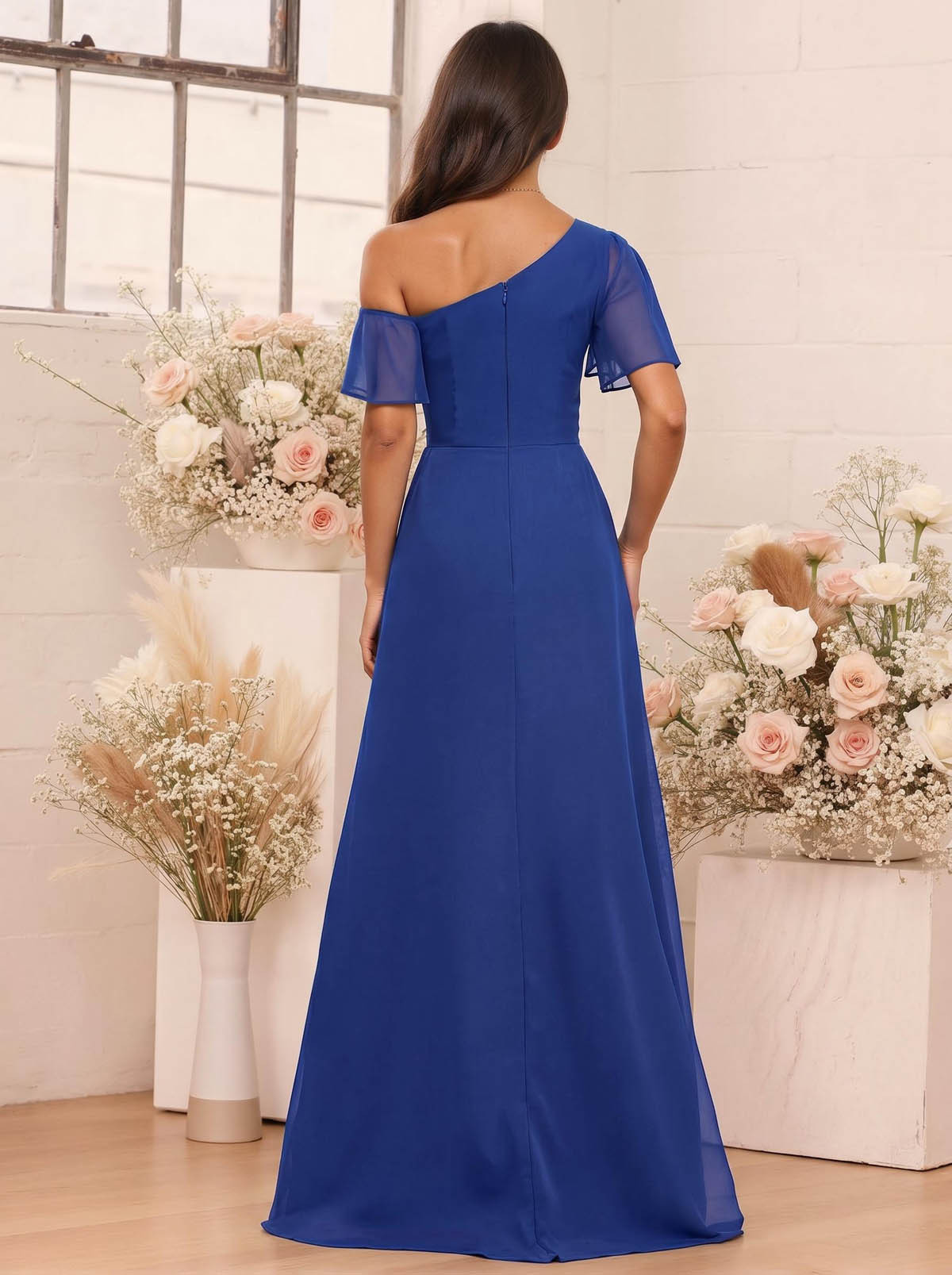A-Line One-Shoulder Short Sleeves Floor-Length Chiffon Bridesmaid Dresses, product image 12