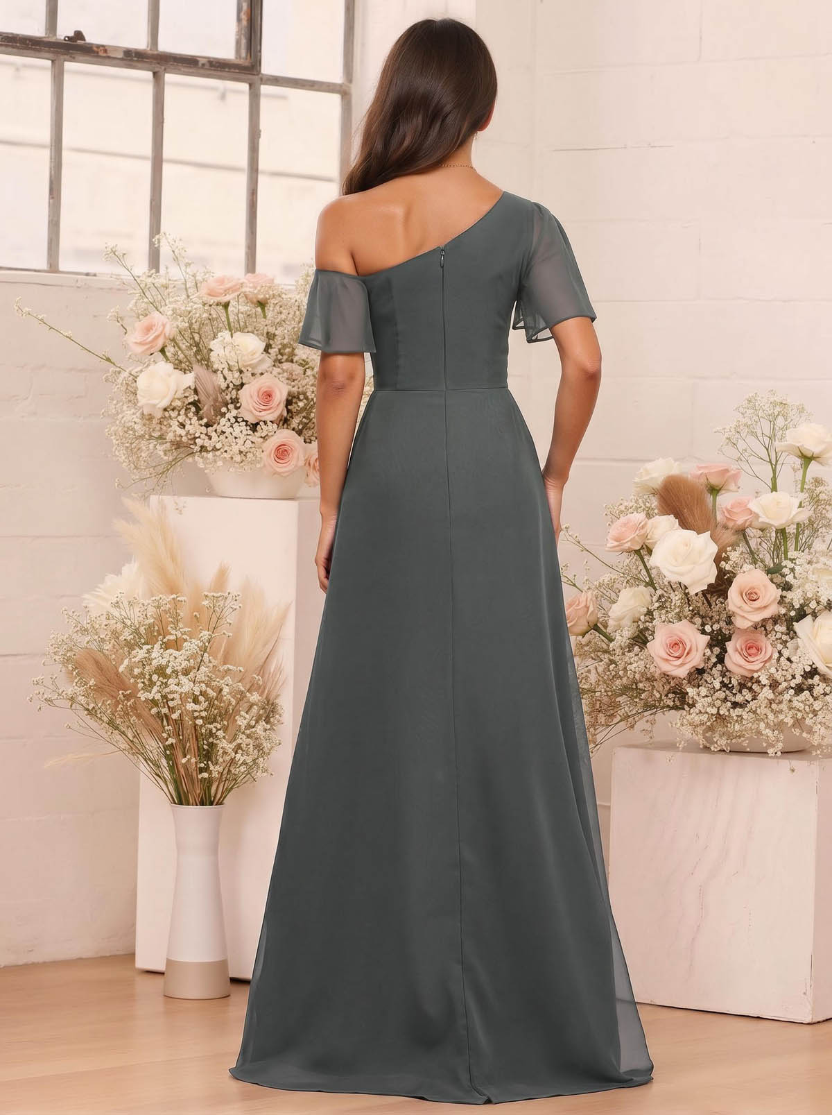 A-Line One-Shoulder Short Sleeves Floor-Length Chiffon Bridesmaid Dresses, product image 75