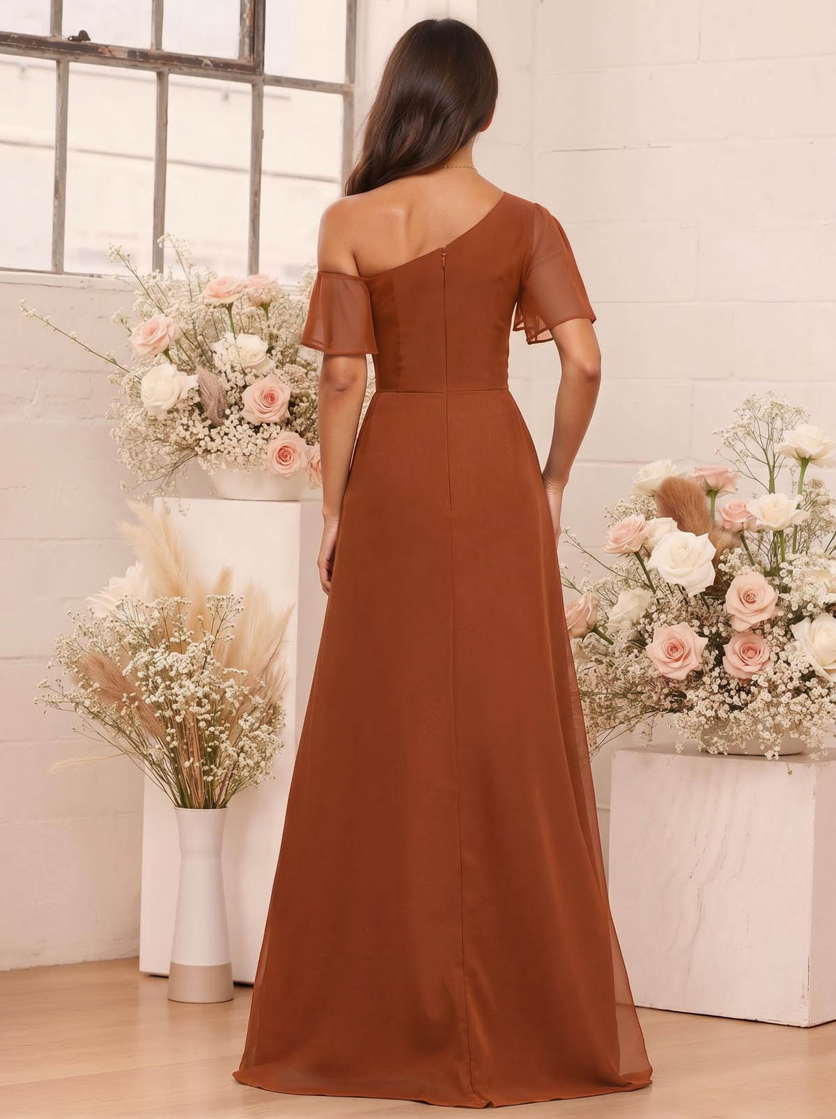 A-Line One-Shoulder Short Sleeves Floor-Length Chiffon Bridesmaid Dresses, product image 89