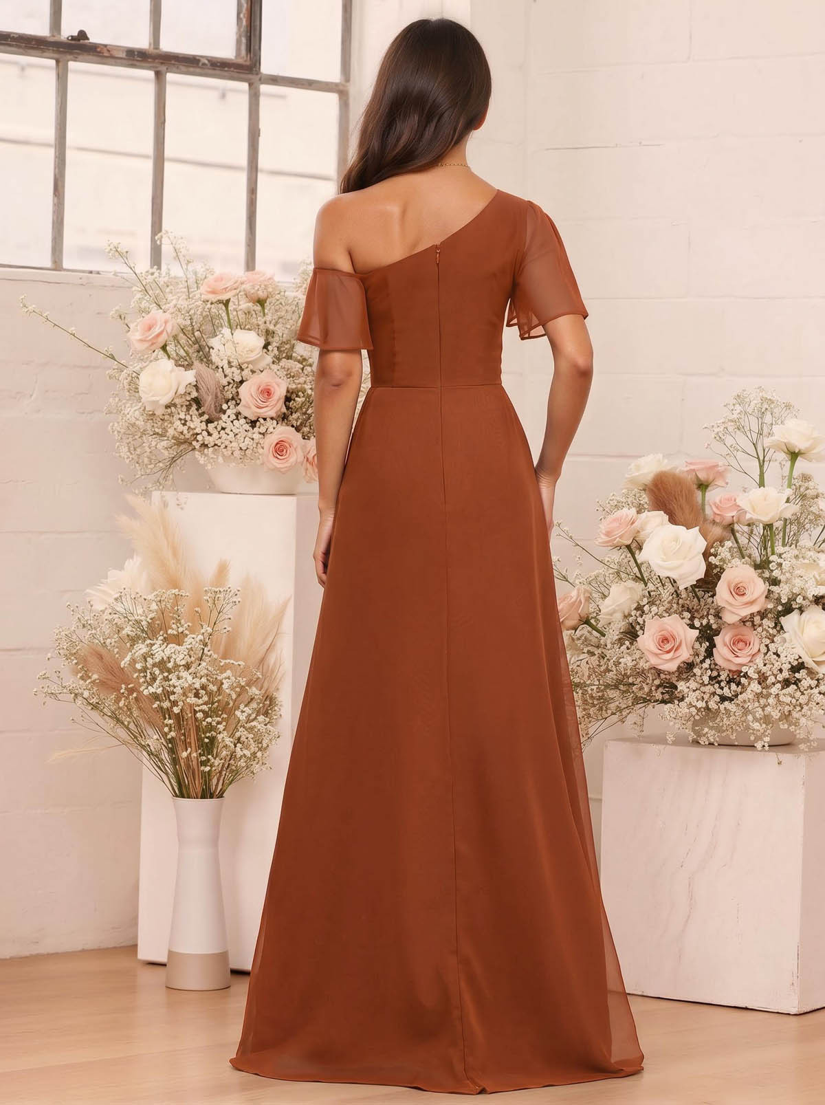 A-Line One-Shoulder Short Sleeves Floor-Length Chiffon Bridesmaid Dresses, product image 89
