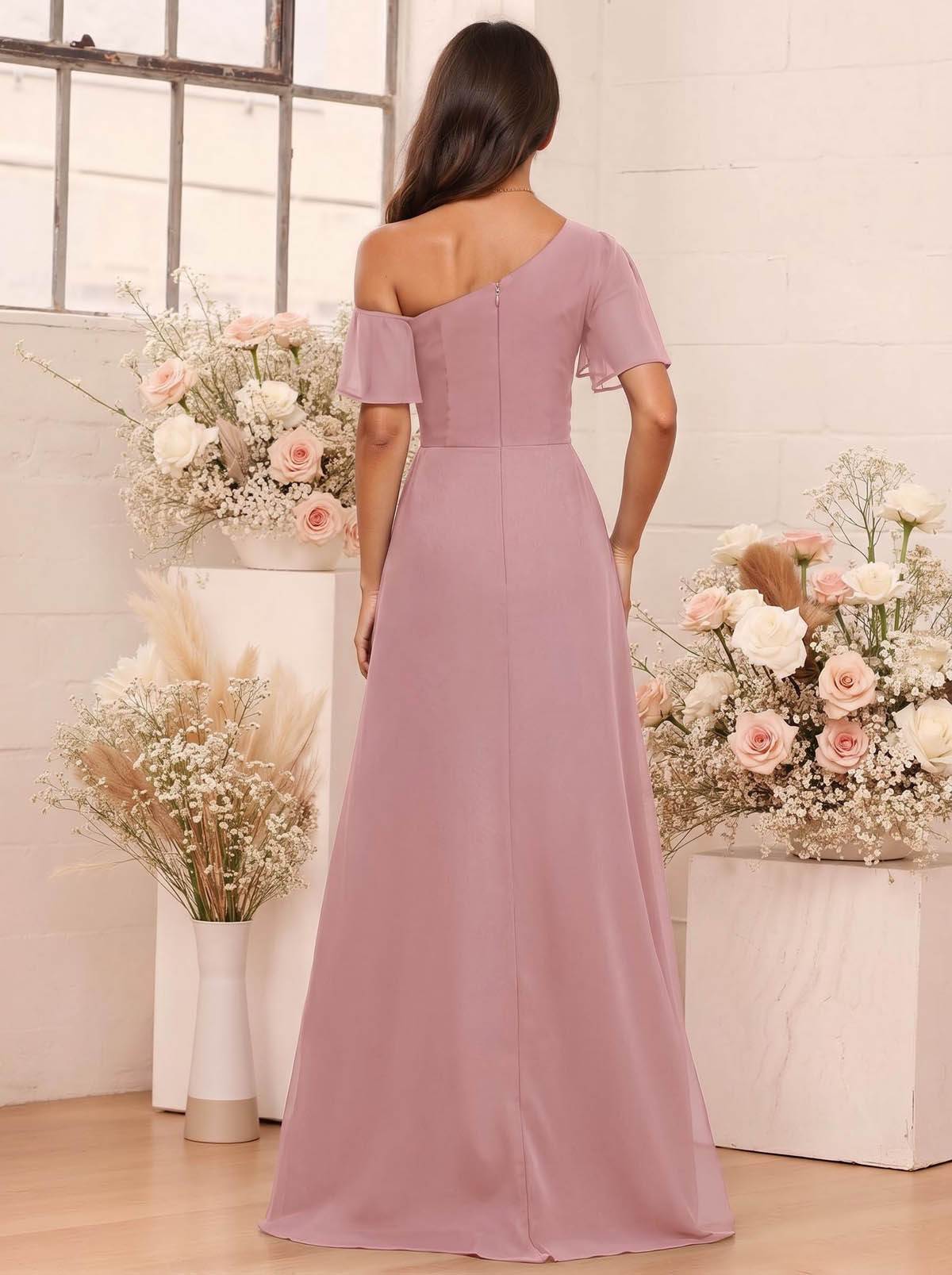 A-Line One-Shoulder Short Sleeves Floor-Length Chiffon Bridesmaid Dresses, product image 38