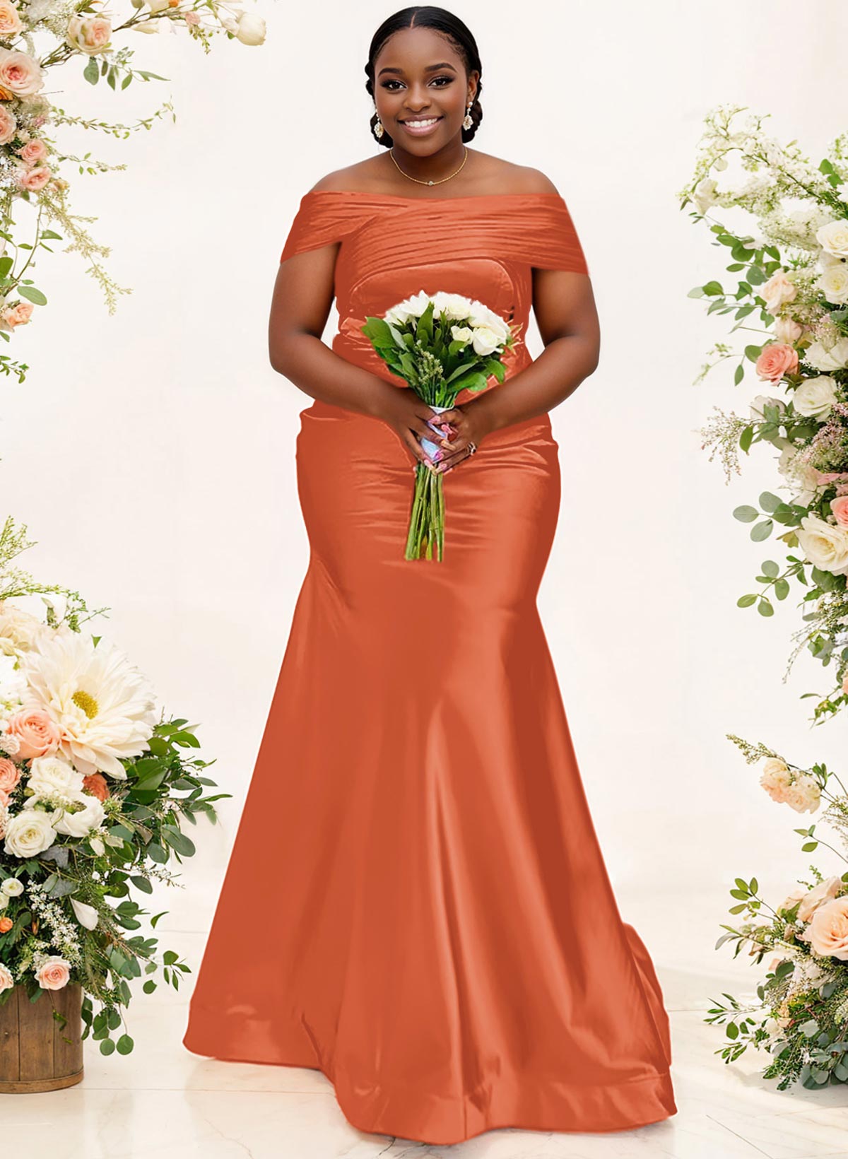 Trumpet/Mermaid Off-The-Shoulder Sleeveless Satin Bridesmaid Dresses in Burnt Orange, US2