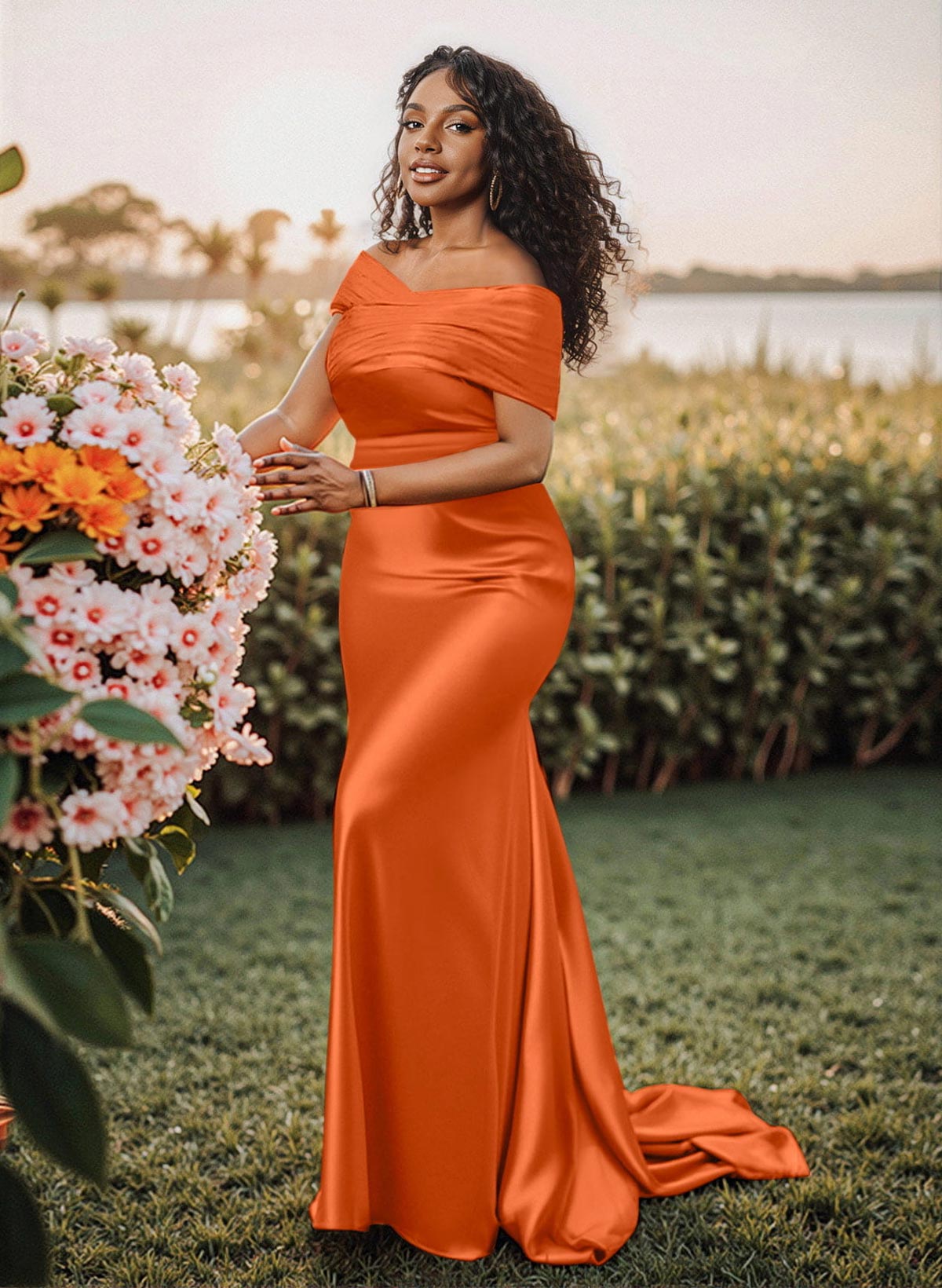 Trumpet/Mermaid Off-The-Shoulder Sleeveless Satin Bridesmaid Dresses, product image 2