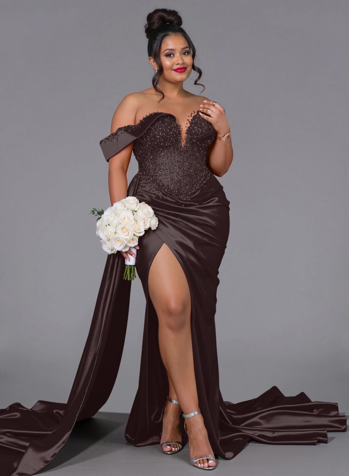 Luxury Off-The-Shoulder Sweep Train Silk Like Satin Bridesmaid Dresses