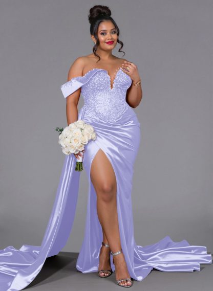 Luxury Off-The-Shoulder Sweep Train Silk Like Satin Bridesmaid Dresses