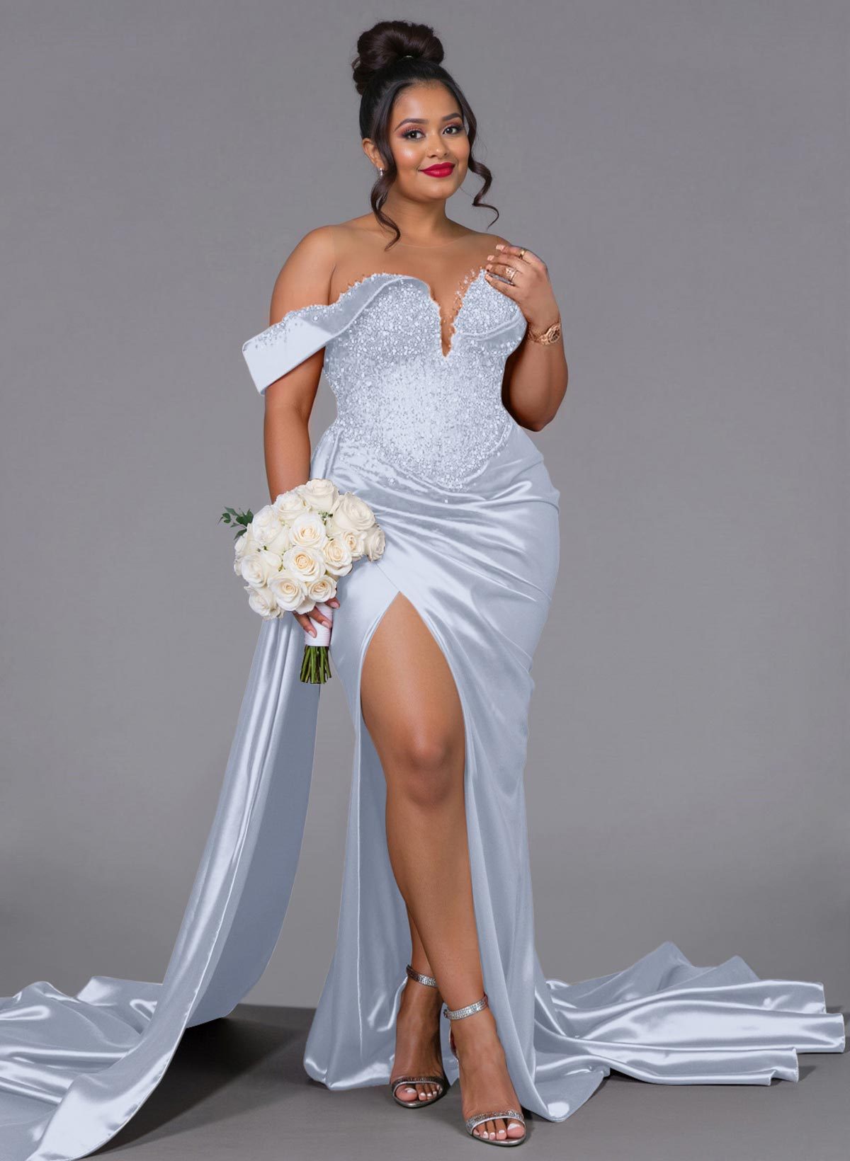 Luxury Off-The-Shoulder Sweep Train Silk Like Satin Bridesmaid Dresses