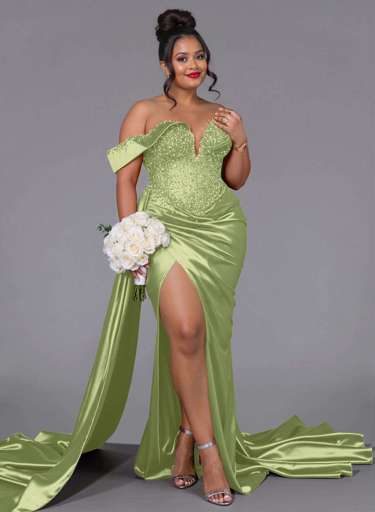Luxury Off-The-Shoulder Sweep Train Silk Like Satin Bridesmaid Dresses