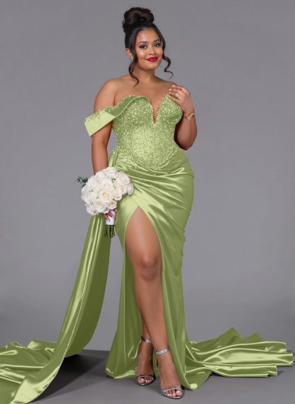 Luxury Off-The-Shoulder Sweep Train Silk Like Satin Bridesmaid Dresses