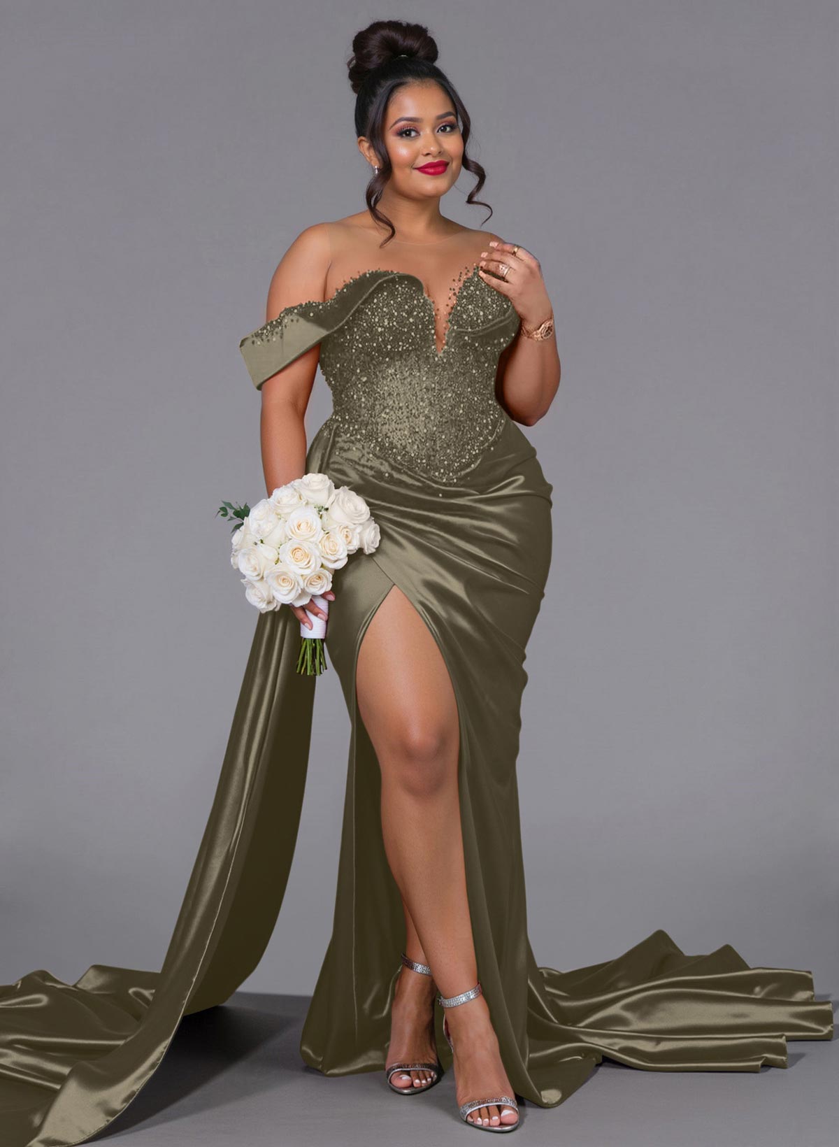 Luxury Off-The-Shoulder Sweep Train Silk Like Satin Bridesmaid Dresses