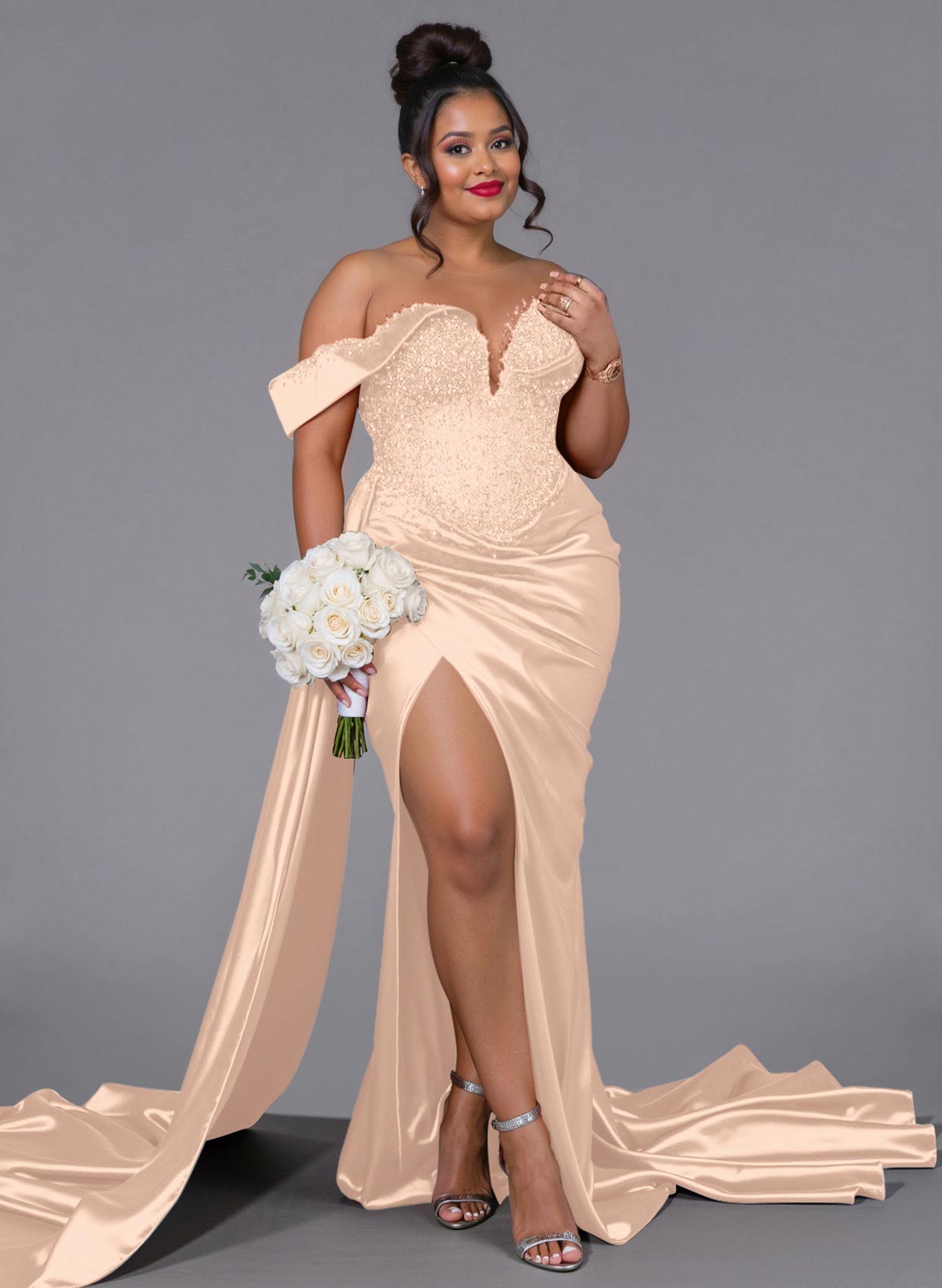 Luxury Off-The-Shoulder Sweep Train Silk Like Satin Bridesmaid Dresses