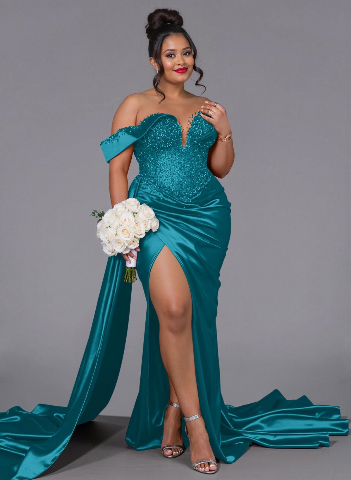 Luxury Off-The-Shoulder Sweep Train Silk Like Satin Bridesmaid Dresses