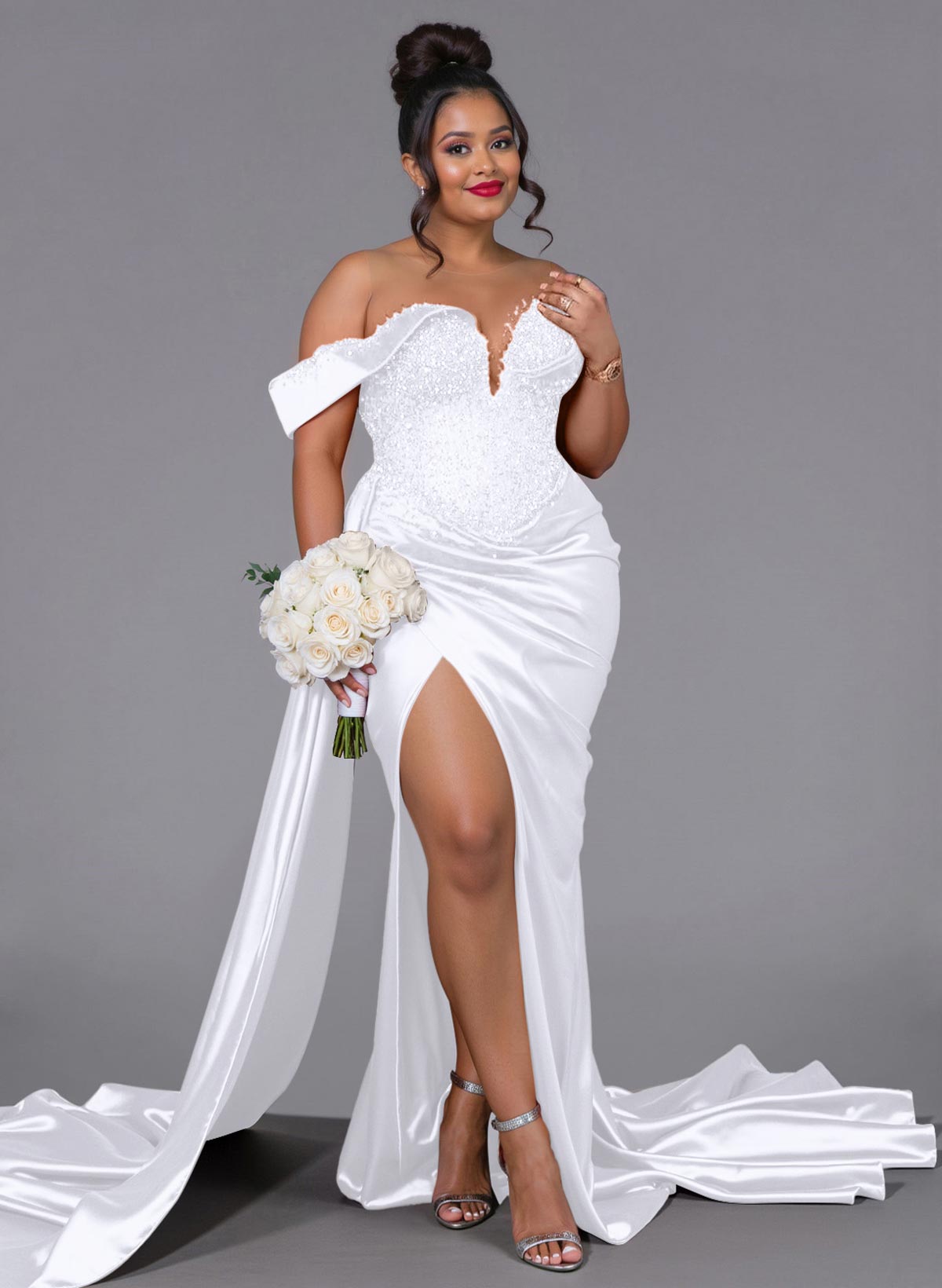Luxury Off-The-Shoulder Sweep Train Silk Like Satin Bridesmaid Dresses
