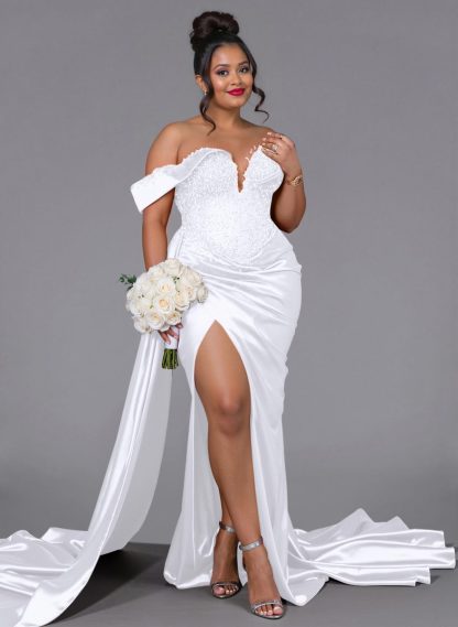 Luxury Off-The-Shoulder Sweep Train Silk Like Satin Bridesmaid Dresses