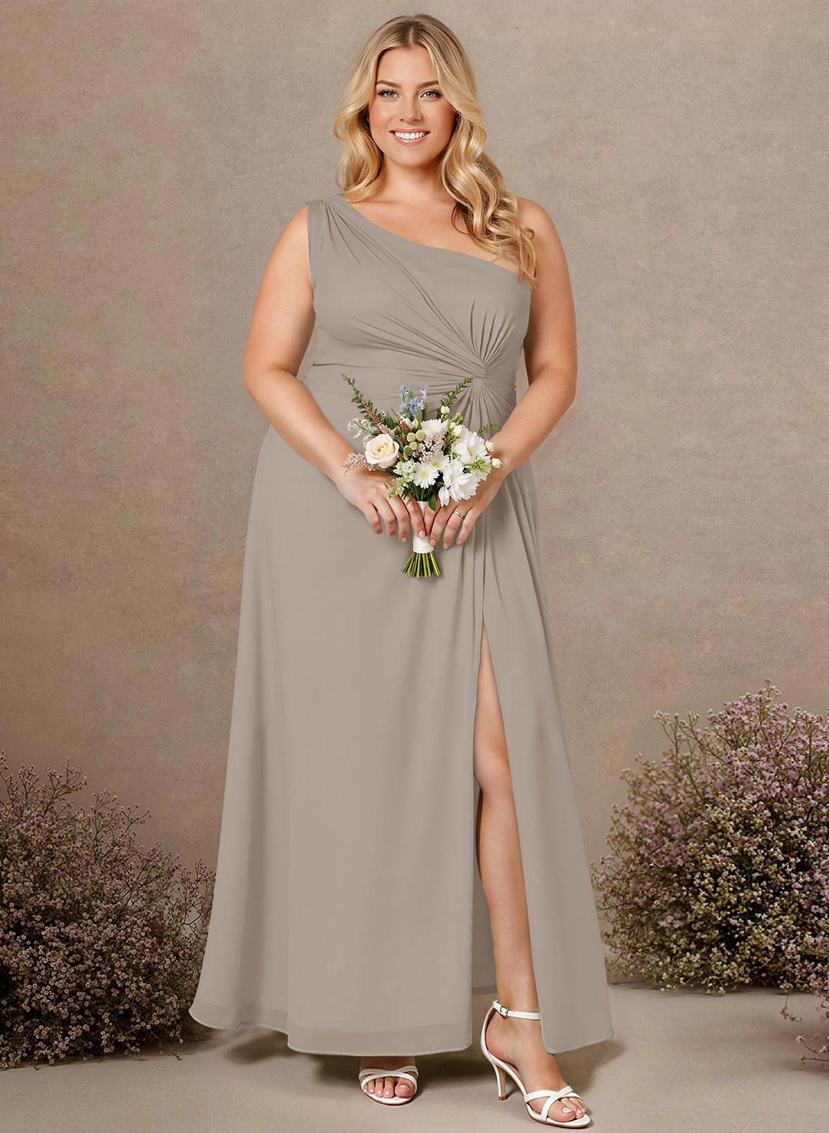 Modest One-Shoulder Sleeveless Chiffon Bridesmaid Dresses With Twisted Knot, product image 156