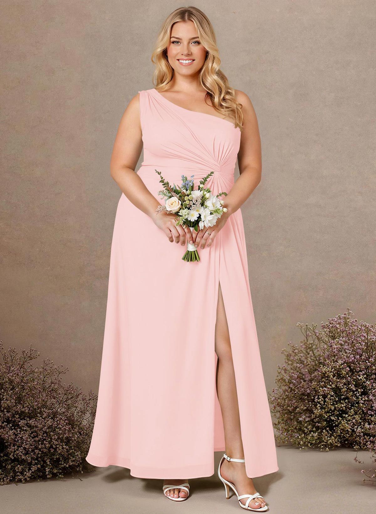 Modest One-Shoulder Sleeveless Chiffon Bridesmaid Dresses With Twisted Knot, product image 226