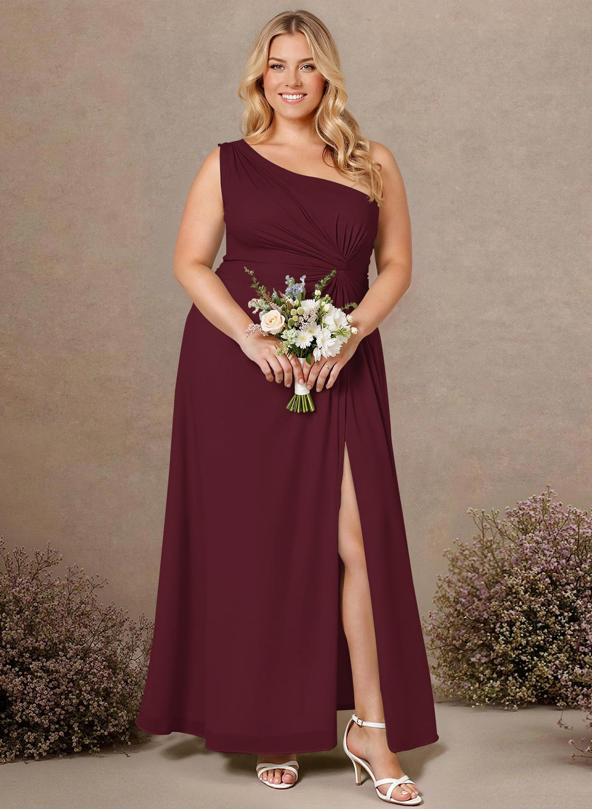 Modest One-Shoulder Sleeveless Chiffon Bridesmaid Dresses With Twisted Knot, product image 248