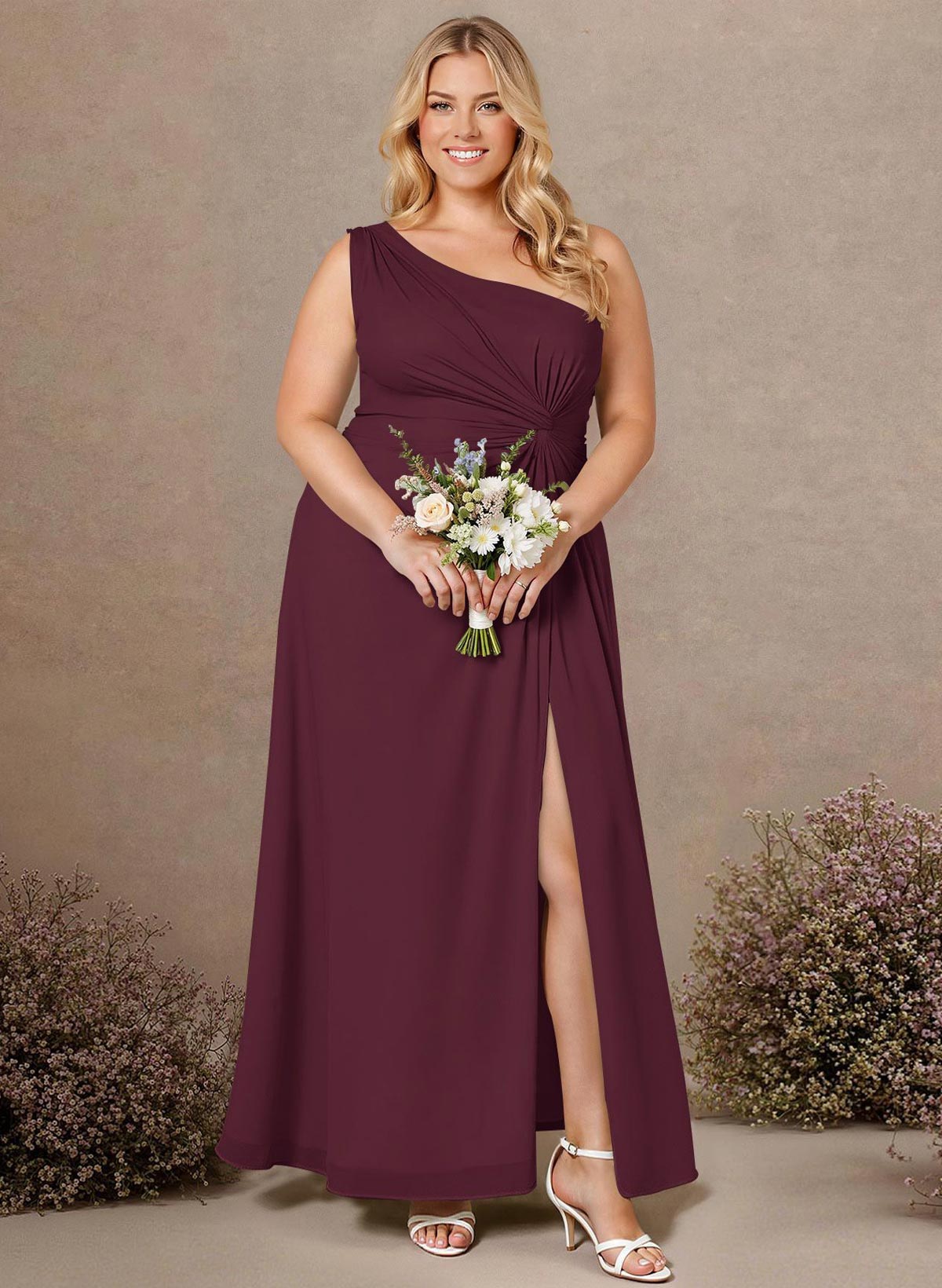 Modest One-Shoulder Sleeveless Chiffon Bridesmaid Dresses With Twisted Knot, product image 250