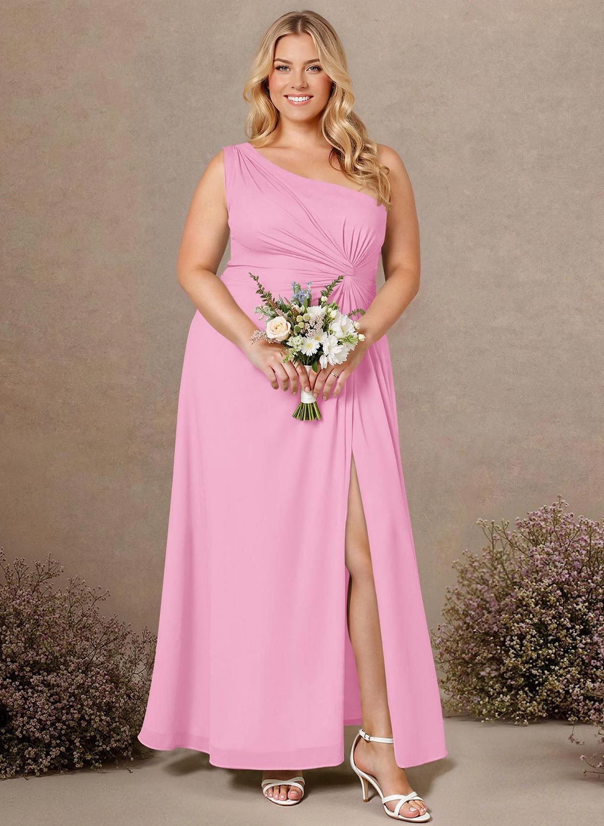 Modest One-Shoulder Sleeveless Chiffon Bridesmaid Dresses With Twisted Knot, product image 224
