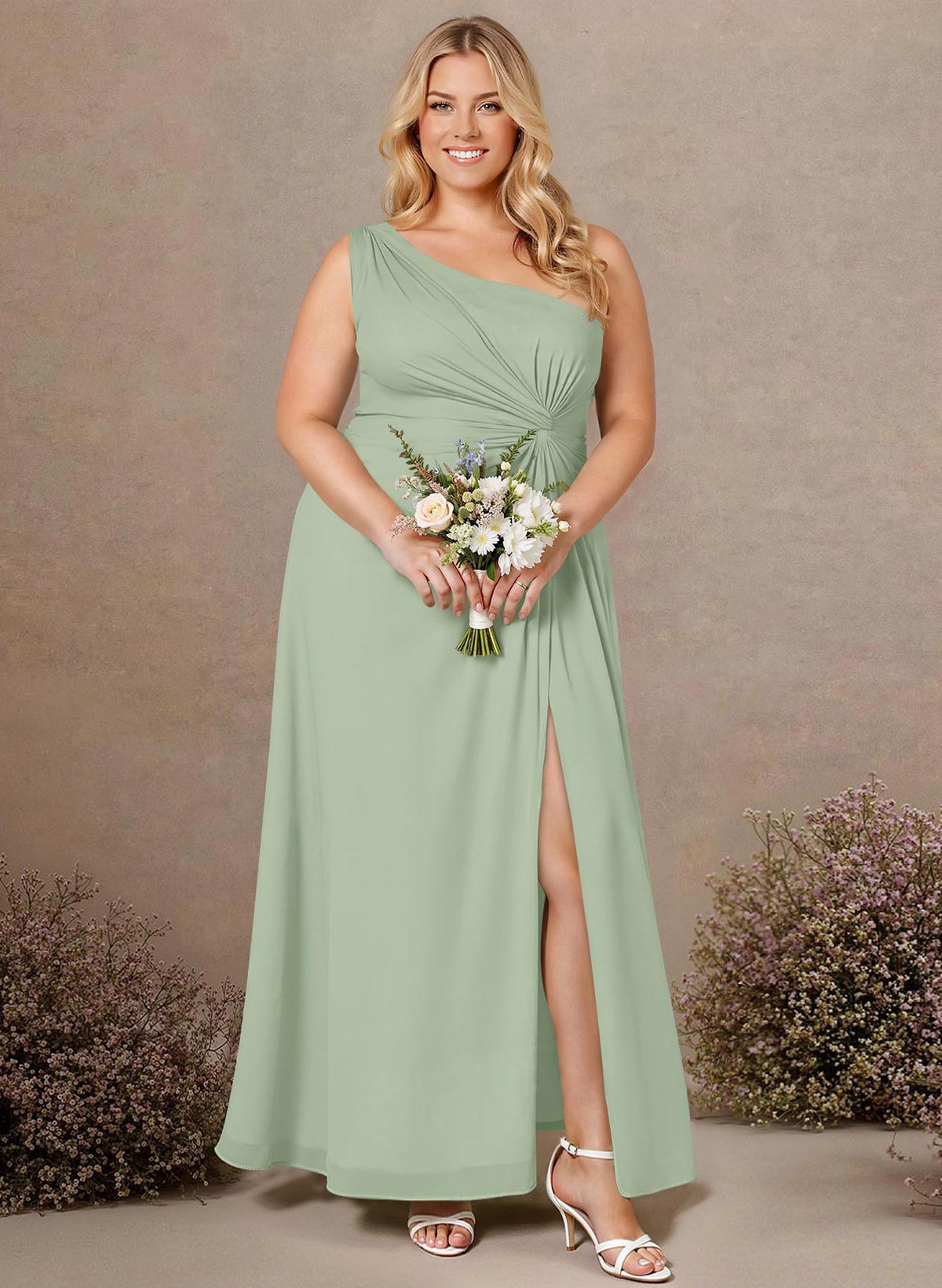 Modest One-Shoulder Sleeveless Chiffon Bridesmaid Dresses With Twisted Knot, product image 140