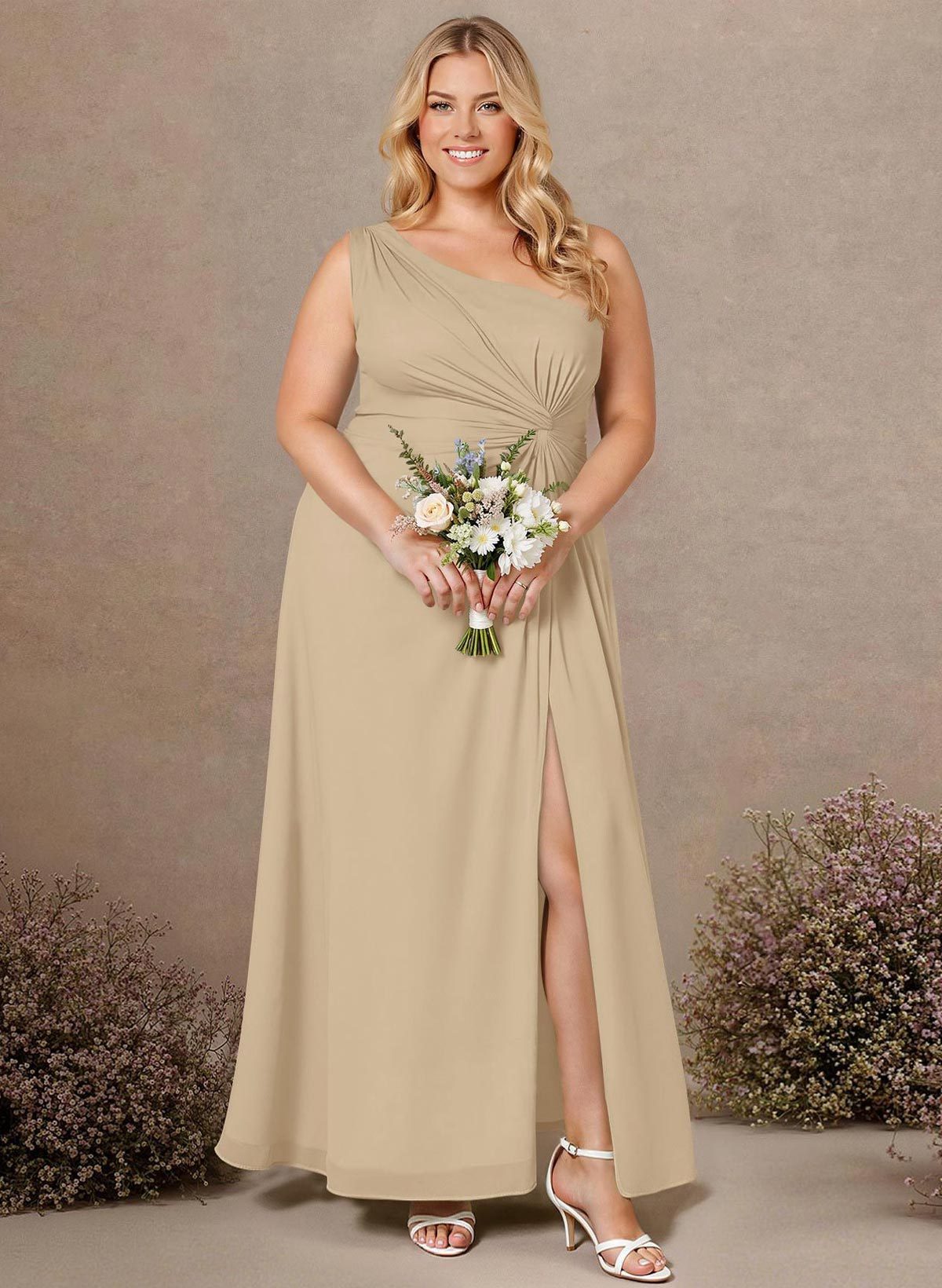 Modest One-Shoulder Sleeveless Chiffon Bridesmaid Dresses With Twisted Knot, product image 182