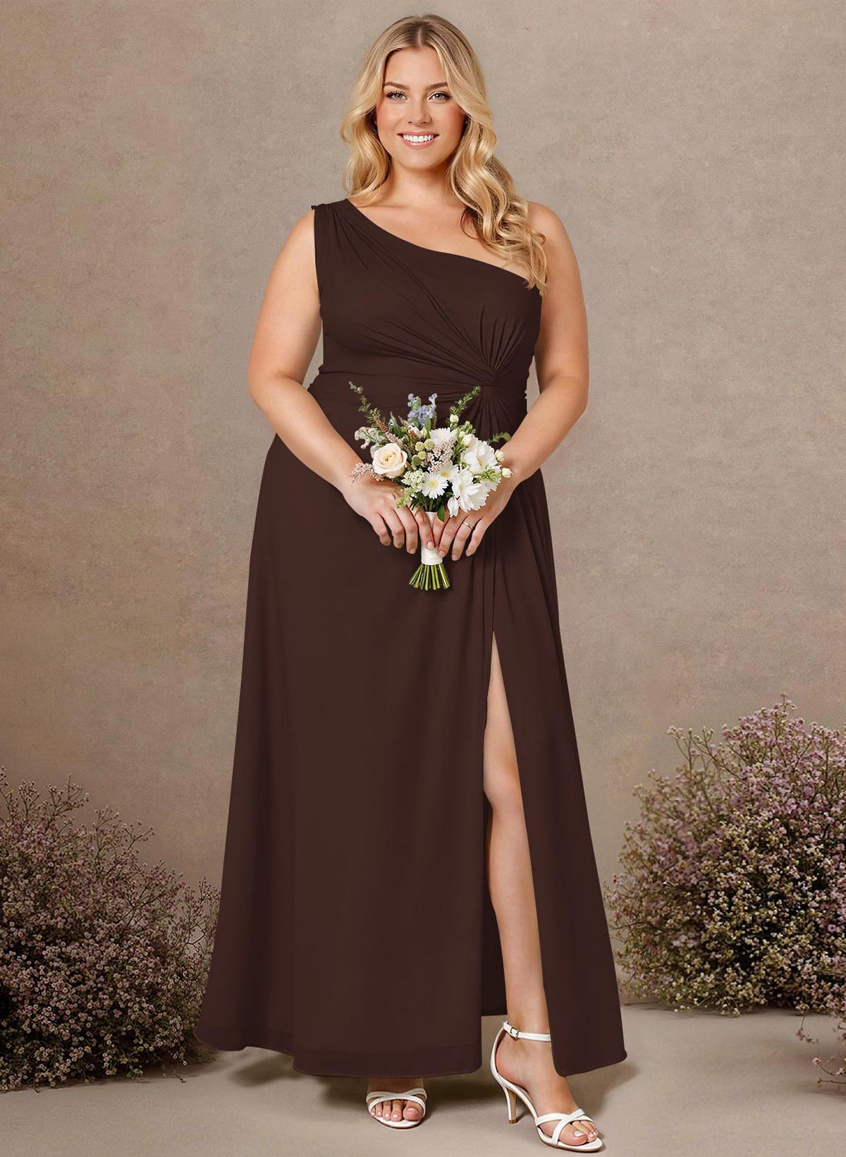 Modest One-Shoulder Sleeveless Chiffon Bridesmaid Dresses With Twisted Knot, product image 170
