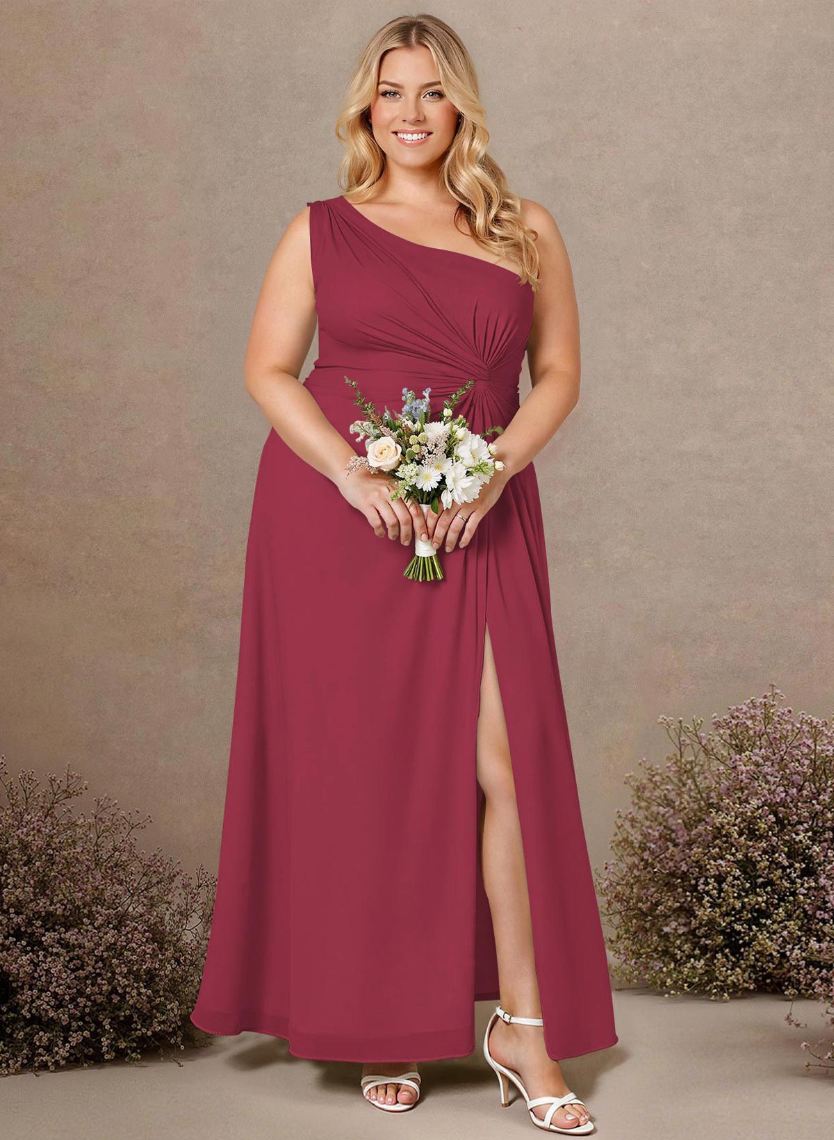 Modest One-Shoulder Sleeveless Chiffon Bridesmaid Dresses With Twisted Knot, product image 246