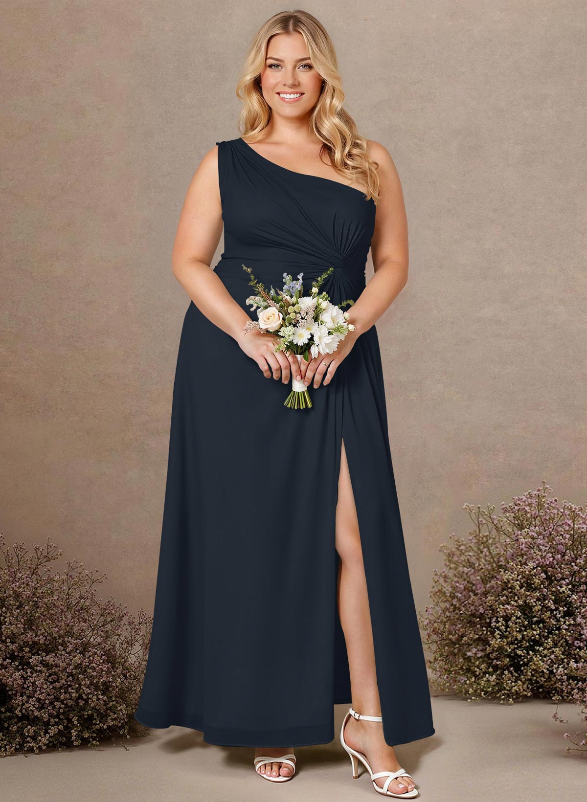 Modest One-Shoulder Sleeveless Chiffon Bridesmaid Dresses With Twisted Knot, product image 274