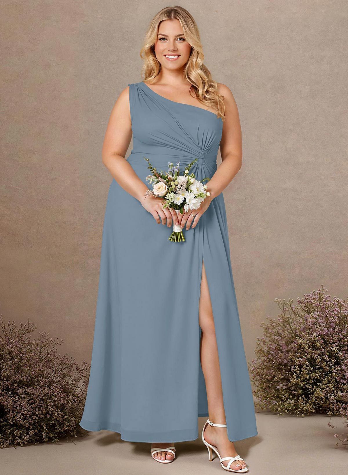 Modest One-Shoulder Sleeveless Chiffon Bridesmaid Dresses With Twisted Knot, product image 270
