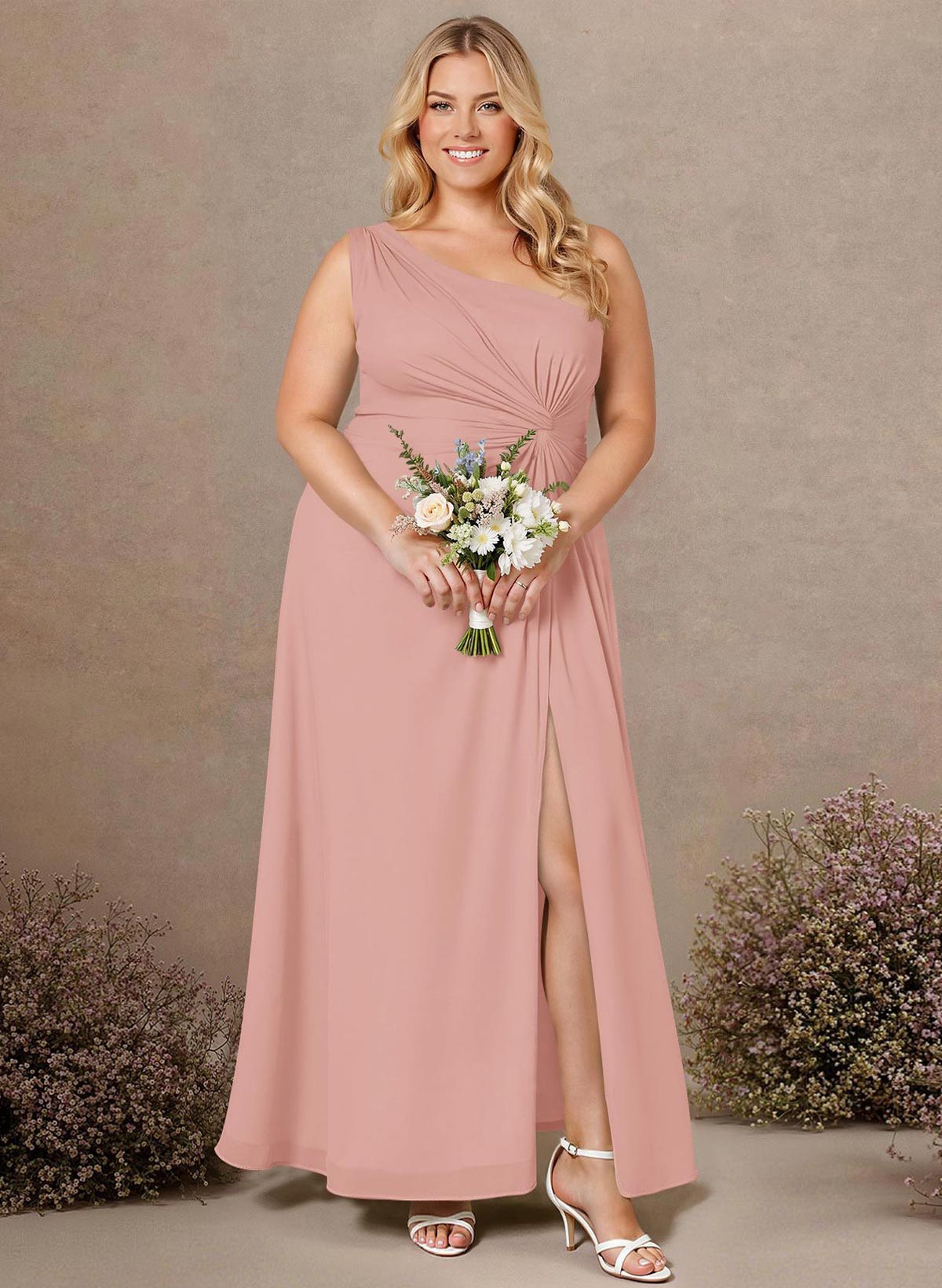Modest One-Shoulder Sleeveless Chiffon Bridesmaid Dresses With Twisted Knot, product image 236
