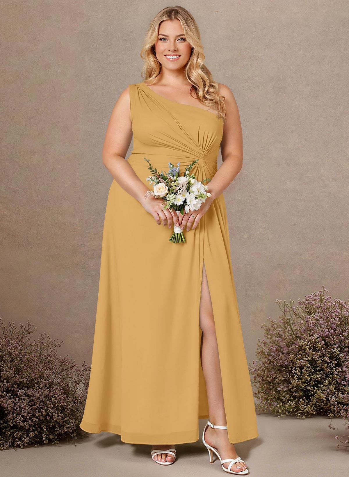 Modest One-Shoulder Sleeveless Chiffon Bridesmaid Dresses With Twisted Knot, product image 176