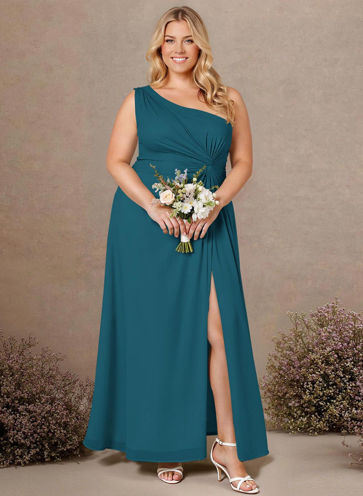 Modest One-Shoulder Sleeveless Chiffon Bridesmaid Dresses With Twisted Knot, product image 264