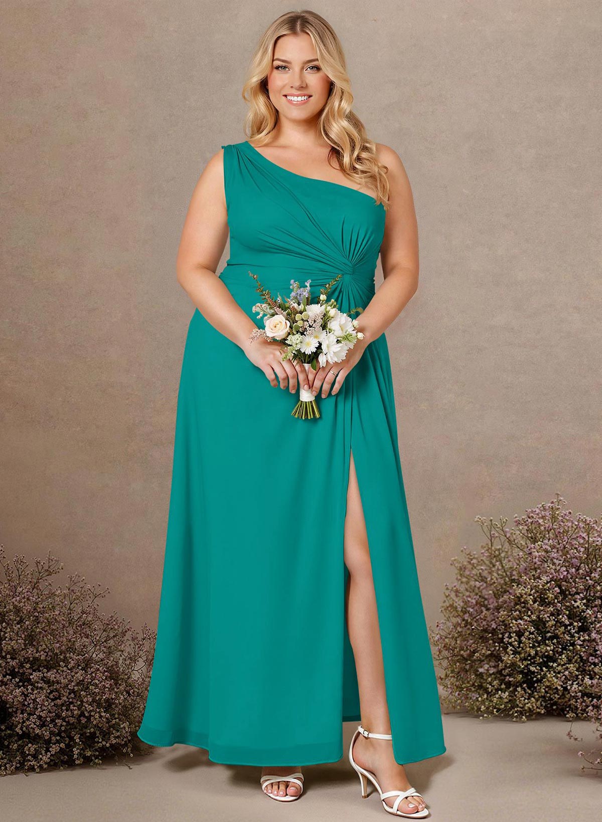 Modest One-Shoulder Sleeveless Chiffon Bridesmaid Dresses With Twisted Knot, product image 190