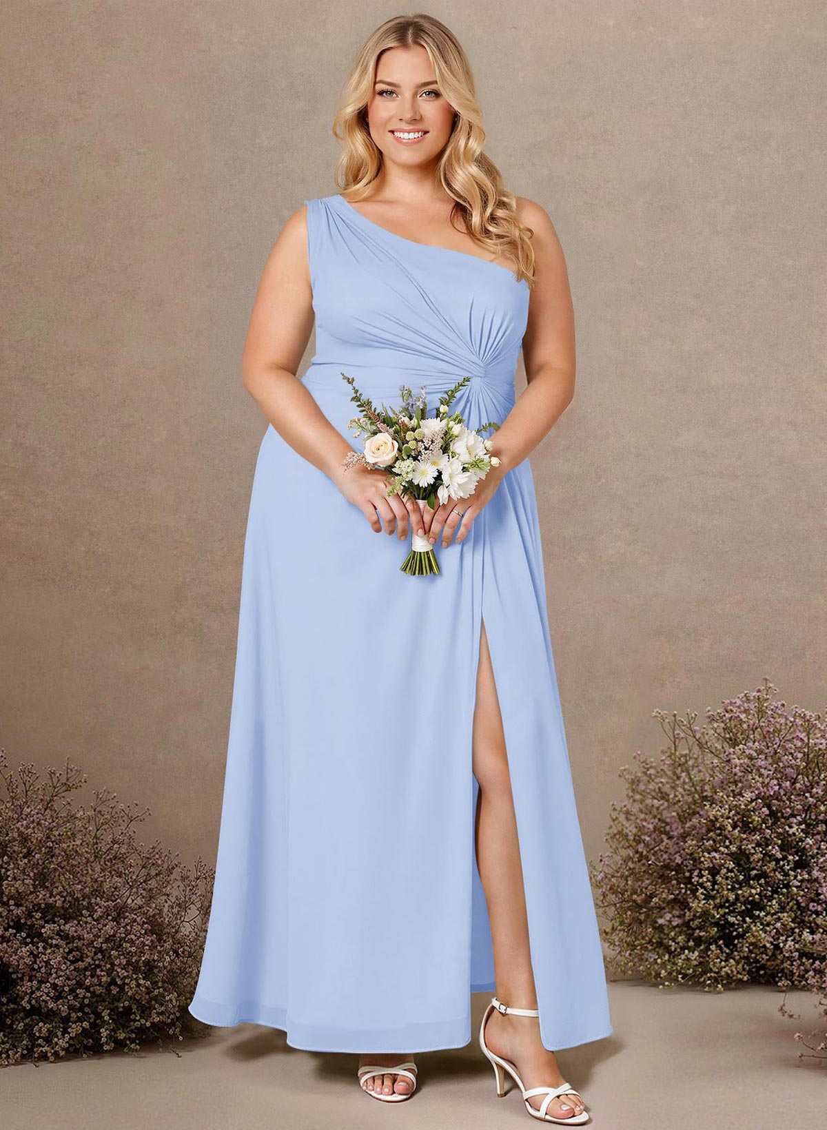 Modest One-Shoulder Sleeveless Chiffon Bridesmaid Dresses With Twisted Knot, product image 212