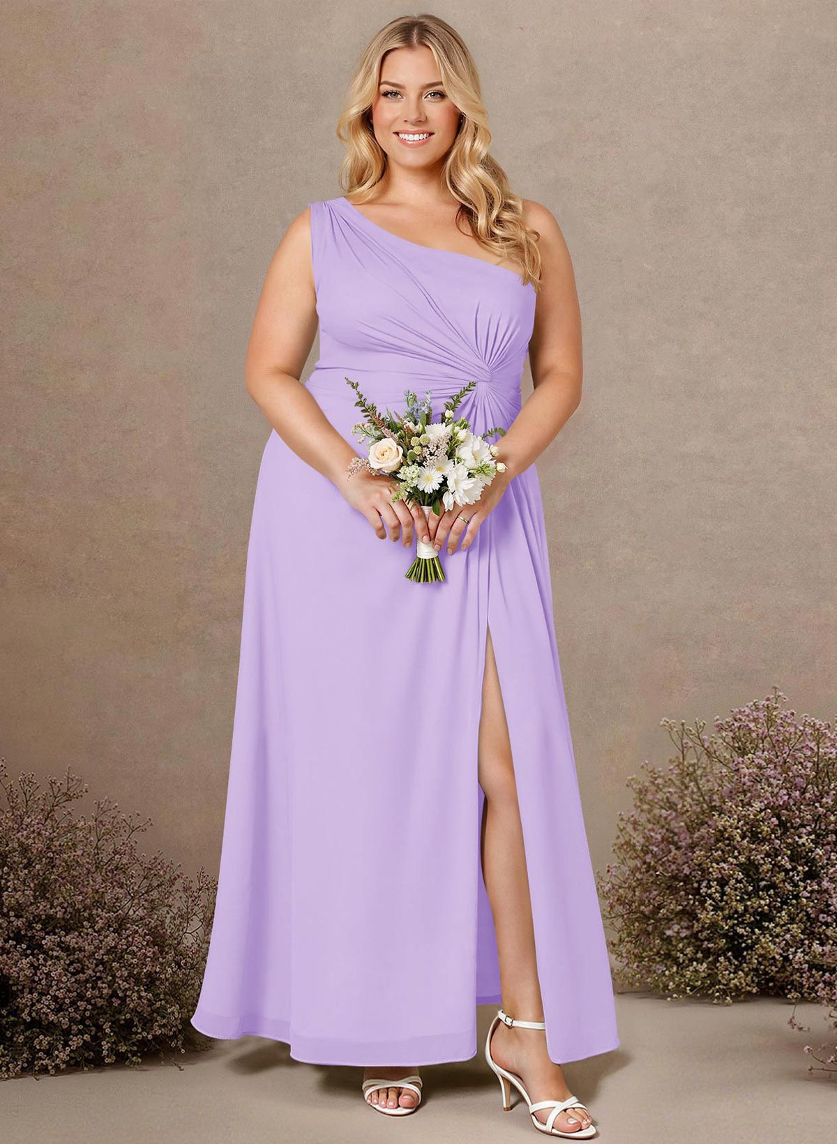 Modest One-Shoulder Sleeveless Chiffon Bridesmaid Dresses With Twisted Knot, product image 214