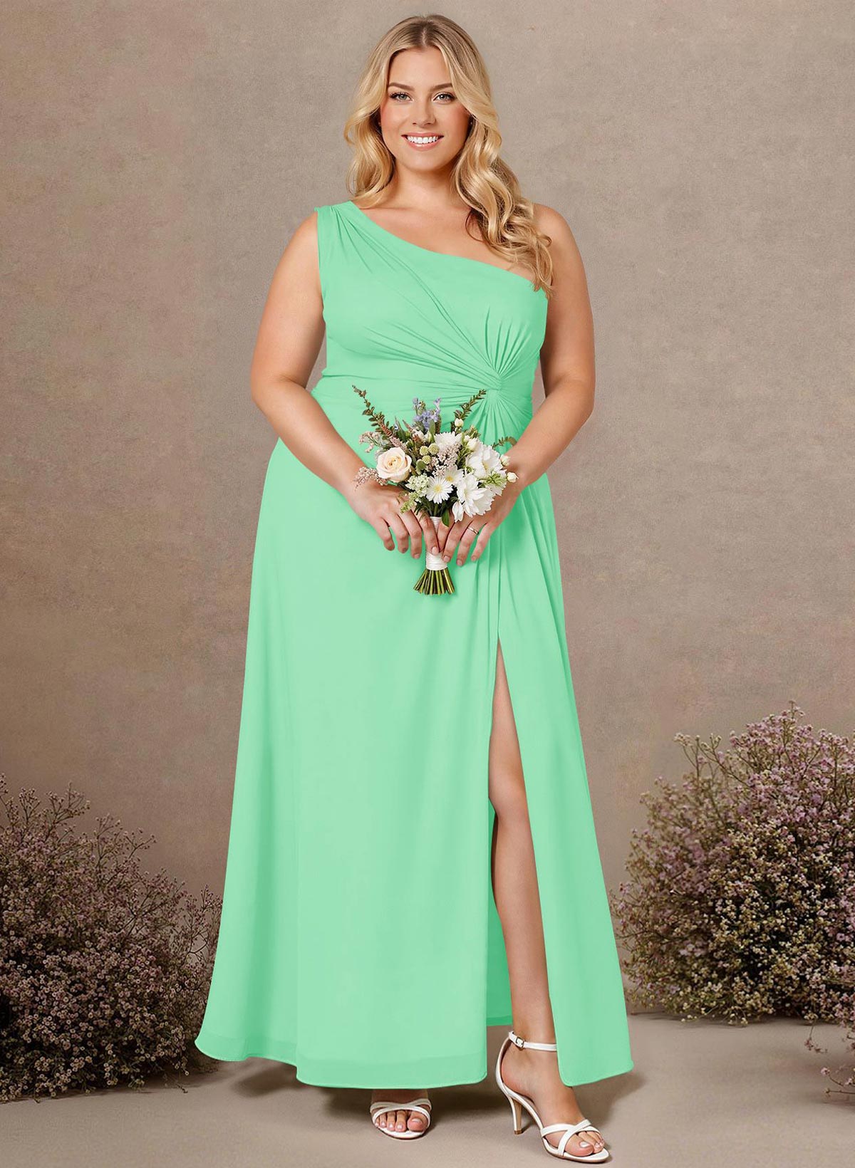 Modest One-Shoulder Sleeveless Chiffon Bridesmaid Dresses With Twisted Knot, product image 186
