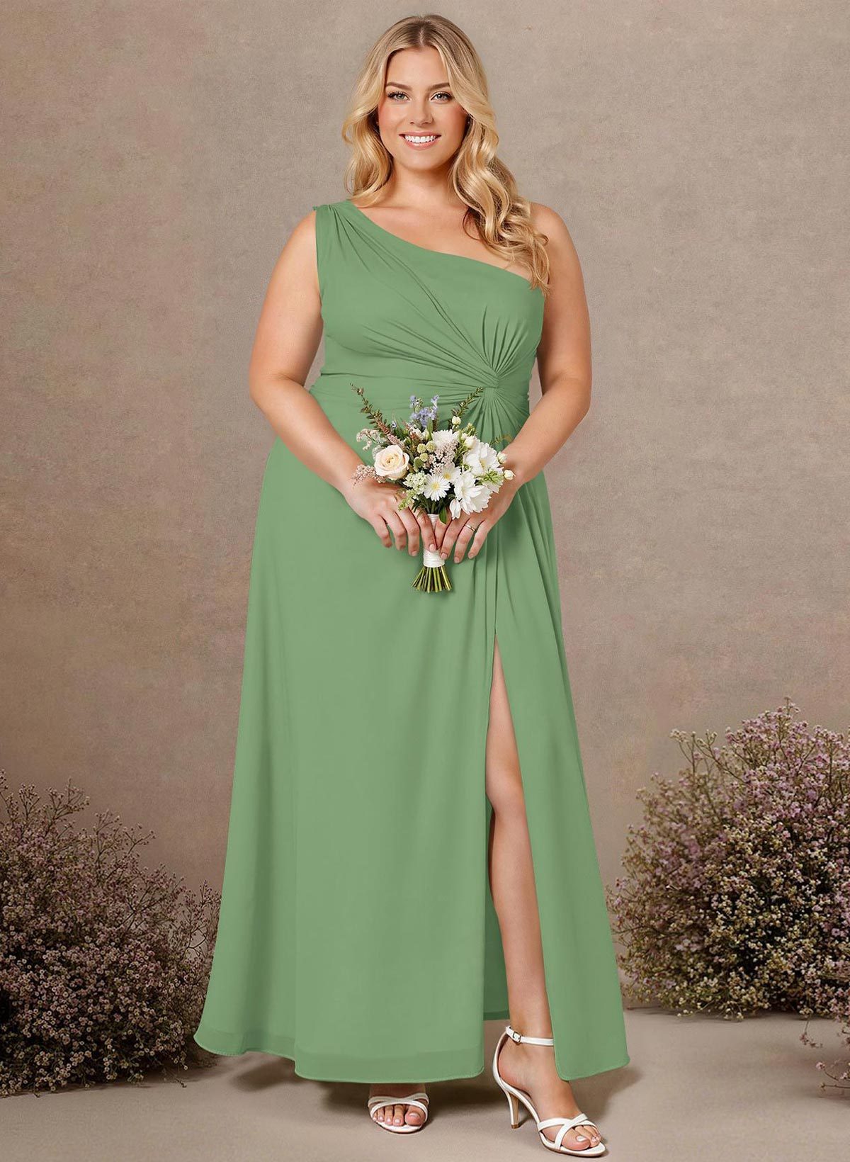 Modest One-Shoulder Sleeveless Chiffon Bridesmaid Dresses With Twisted Knot, product image 146