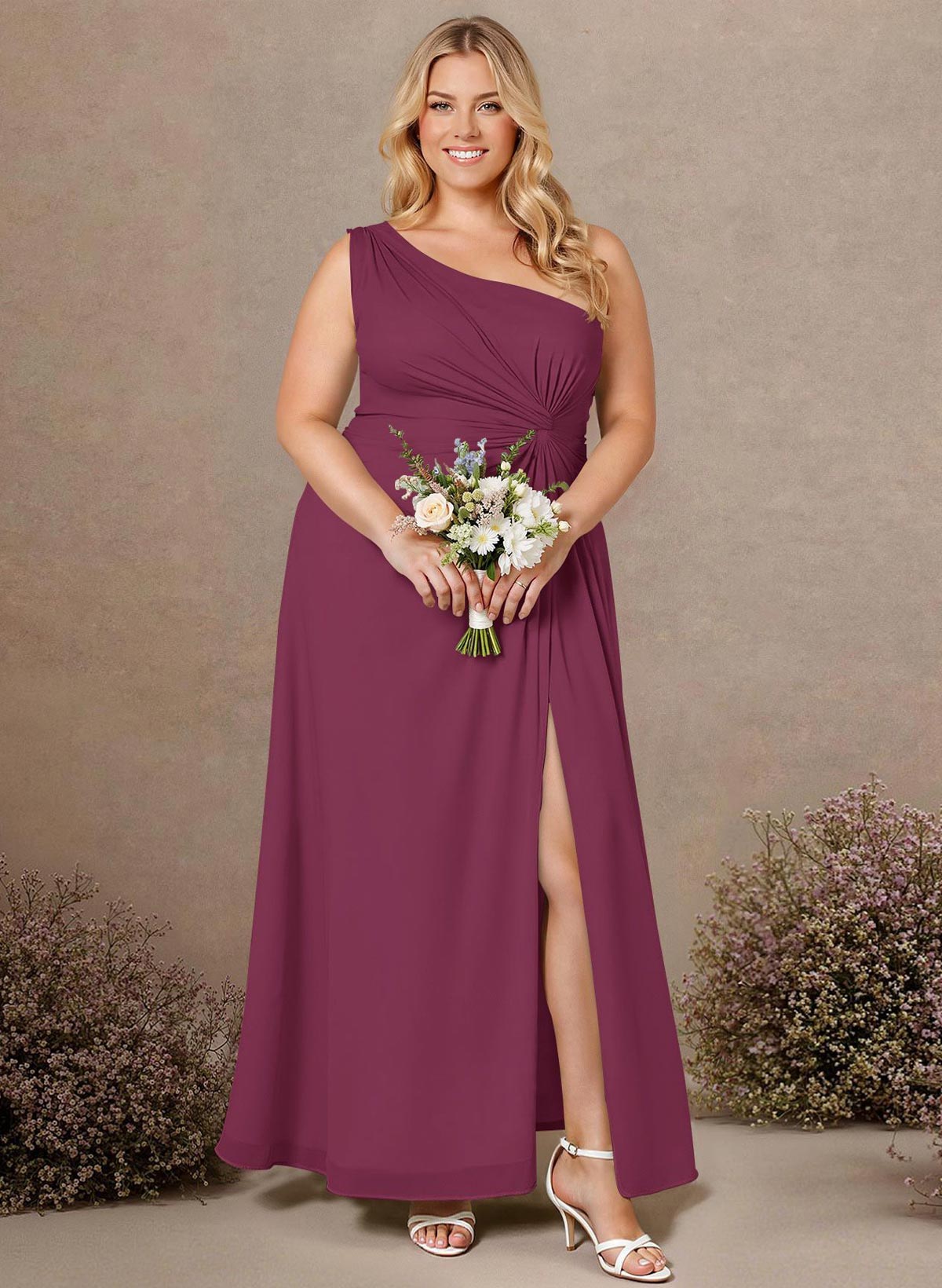 Modest One-Shoulder Sleeveless Chiffon Bridesmaid Dresses With Twisted Knot, product image 244
