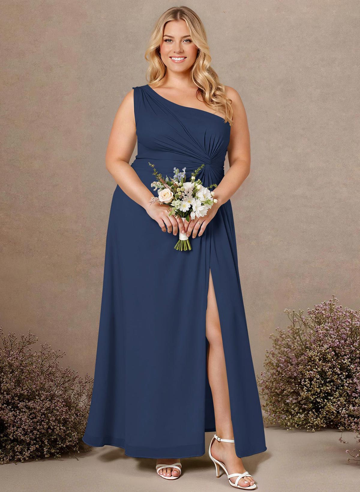 Modest One-Shoulder Sleeveless Chiffon Bridesmaid Dresses With Twisted Knot, product image 272