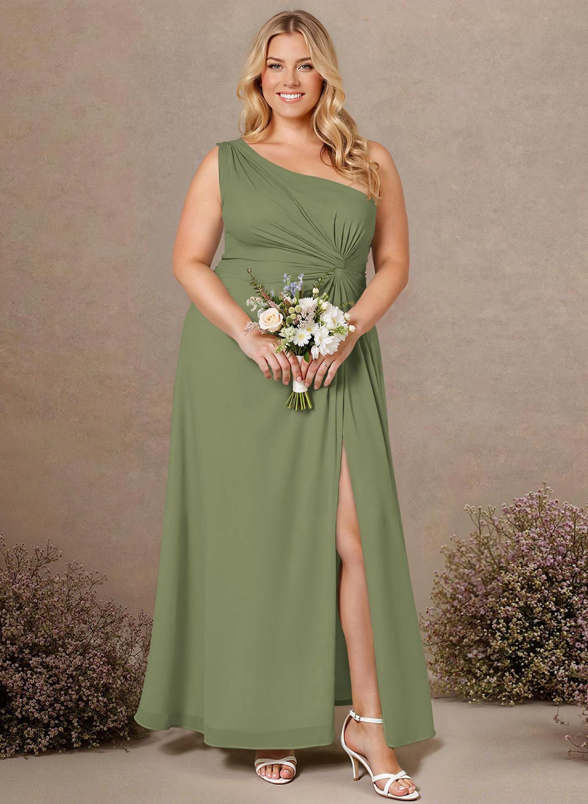 Modest One-Shoulder Sleeveless Chiffon Bridesmaid Dresses With Twisted Knot, product image 158