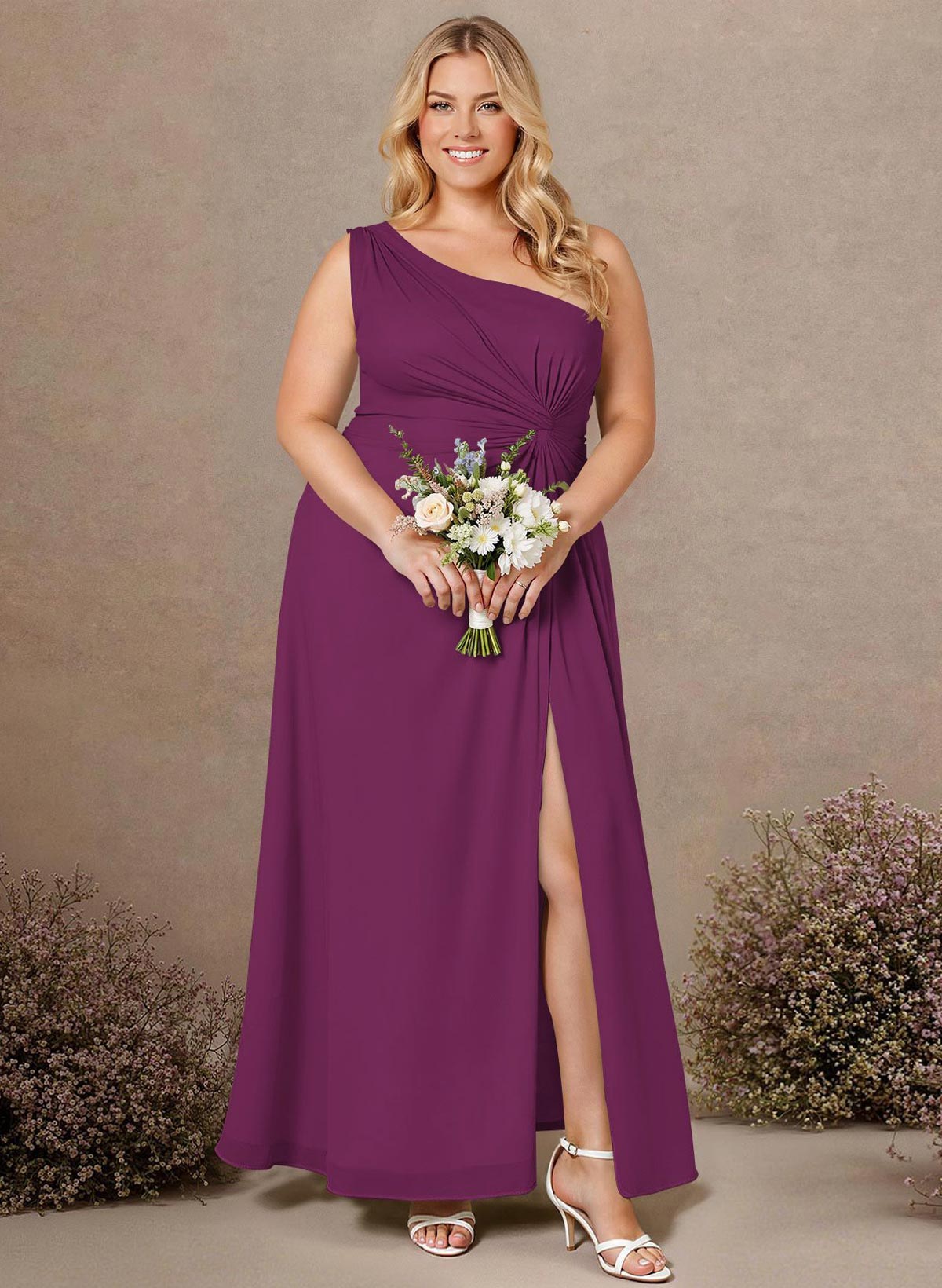 Modest One-Shoulder Sleeveless Chiffon Bridesmaid Dresses With Twisted Knot, product image 204