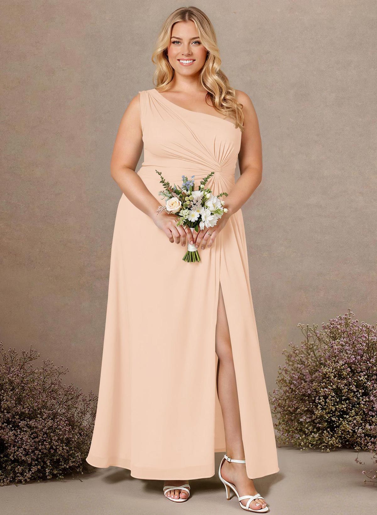 Modest One-Shoulder Sleeveless Chiffon Bridesmaid Dresses With Twisted Knot, product image 234